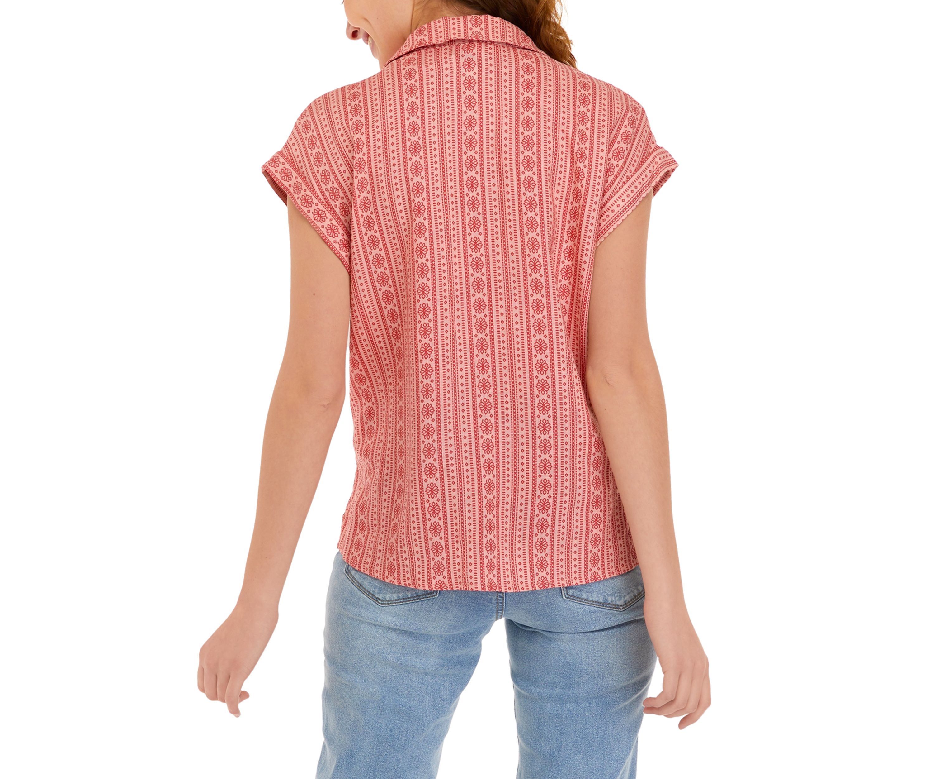 Dolman Sleeve Tie Front Printed Button-Up Top