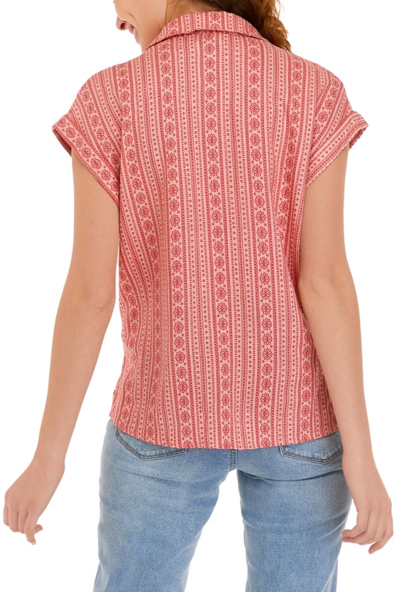 Dolman Sleeve Tie Front Printed Button-Up Top
