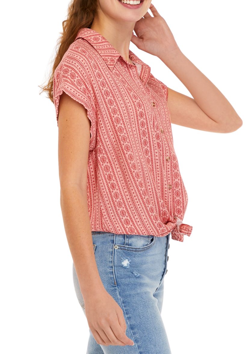 Dolman Sleeve Tie Front Printed Button-Up Top