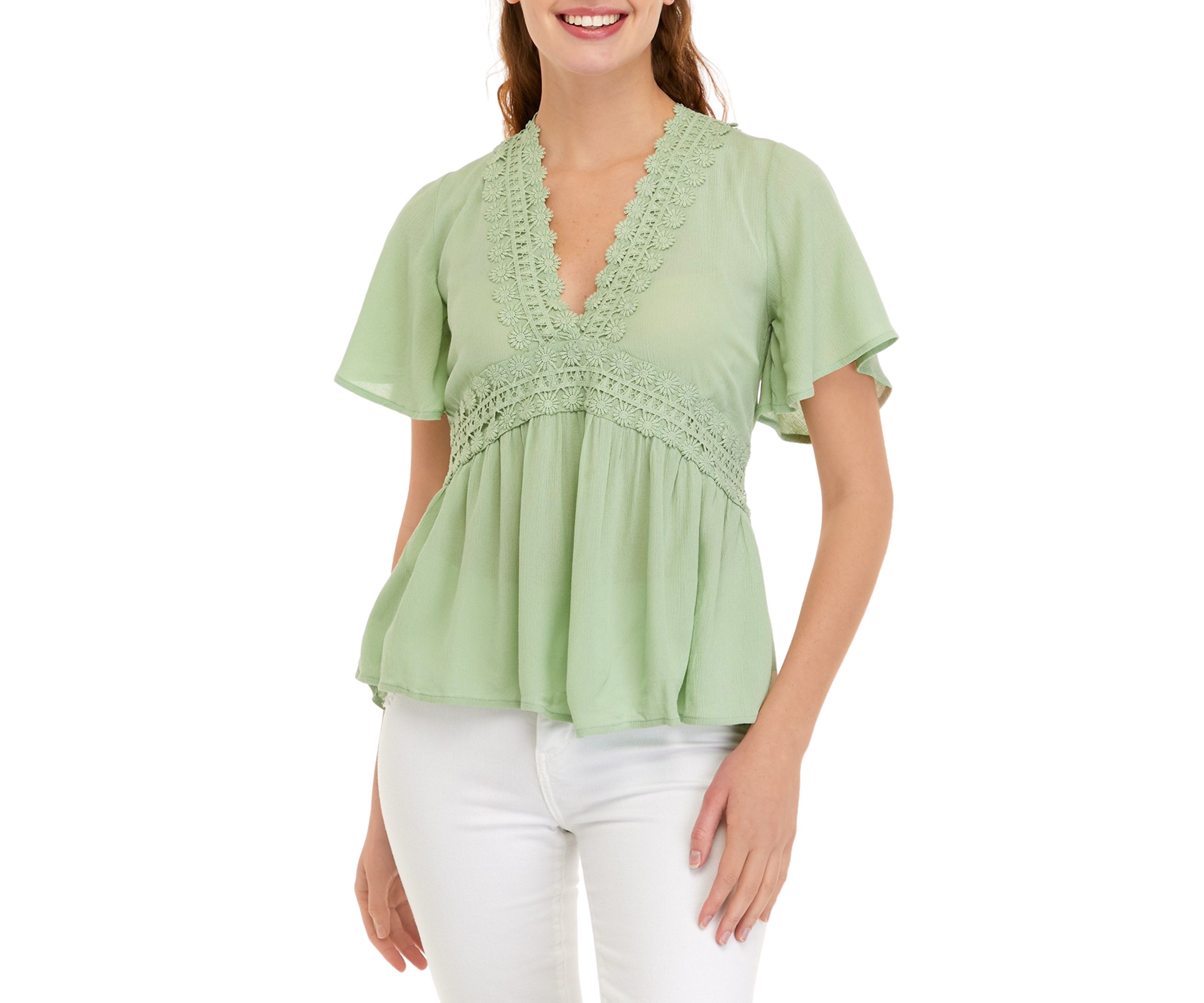 Juniors Short Sleeve V-Neck Tie Back Swing Top
