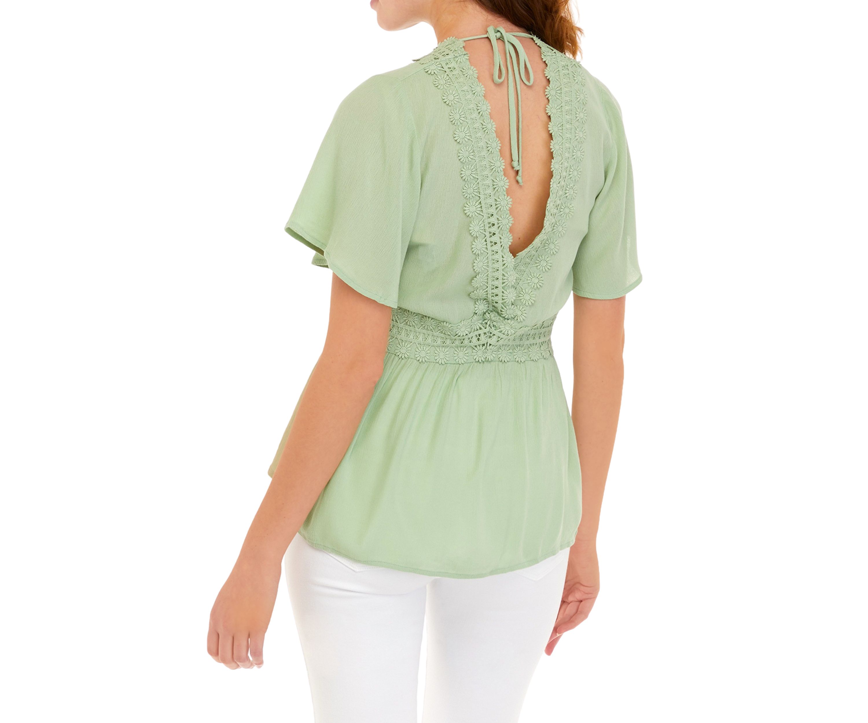 Juniors Short Sleeve V-Neck Tie Back Swing Top