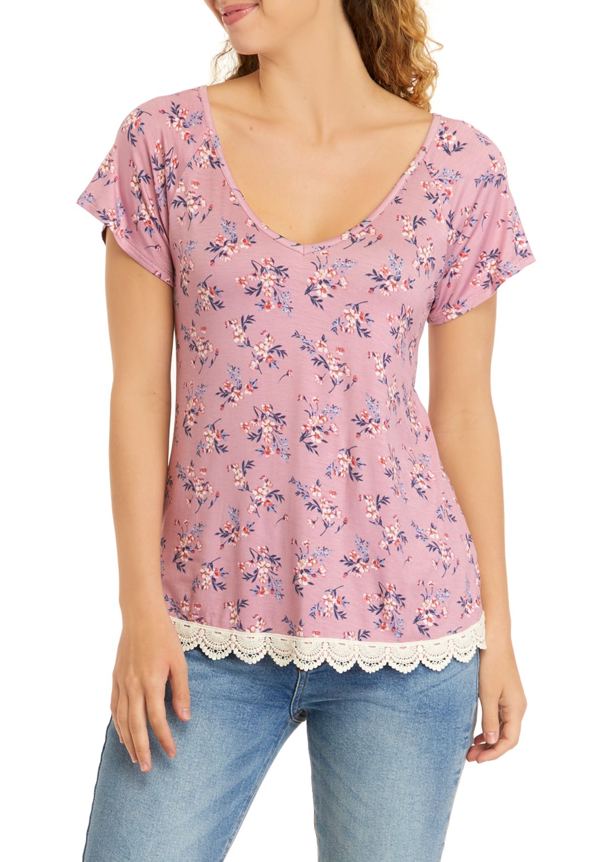 Juniors Short Sleeve Cross Back Crochet Hem Knit Top