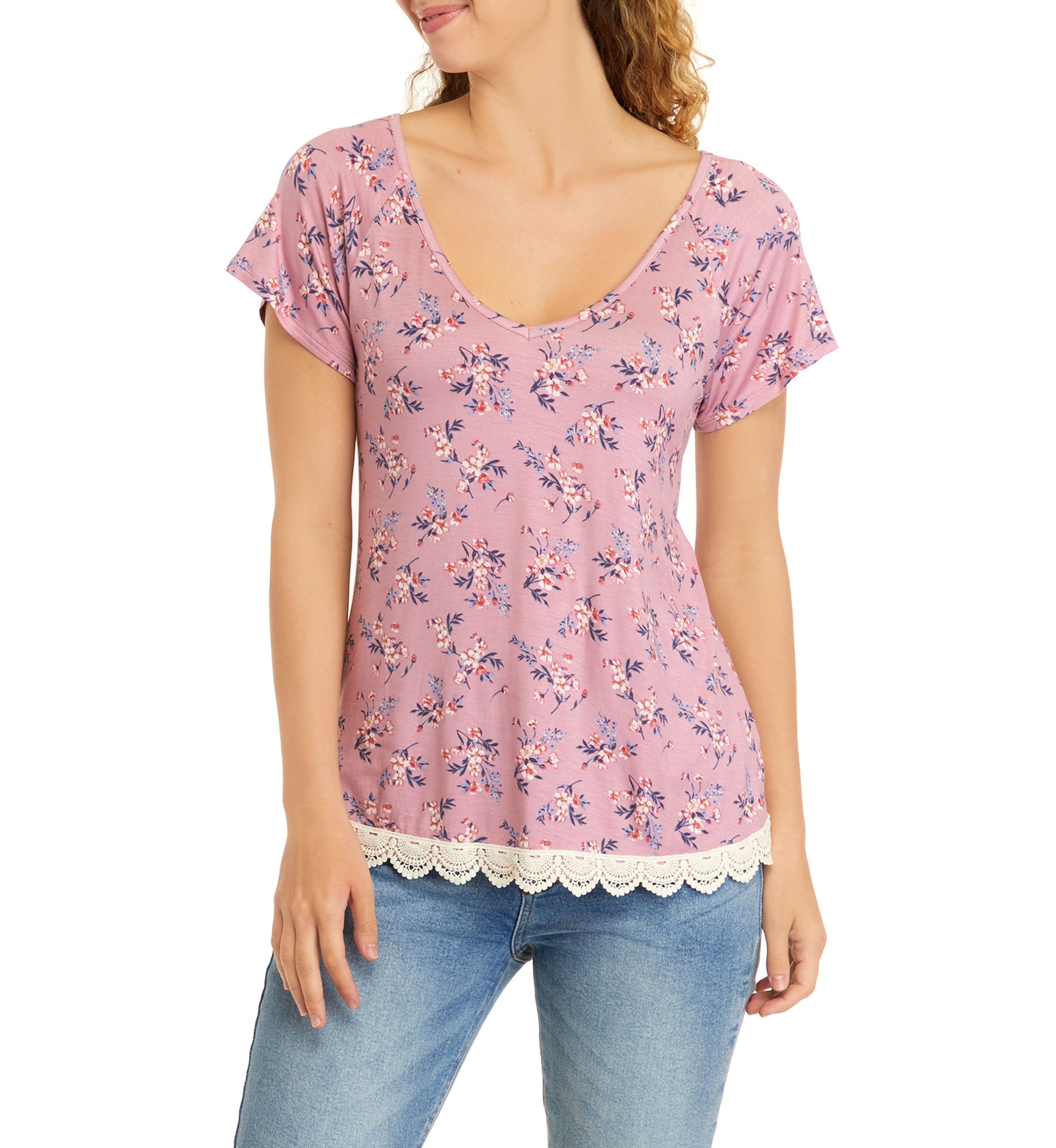 Juniors Short Sleeve Cross Back Crochet Hem Knit Top