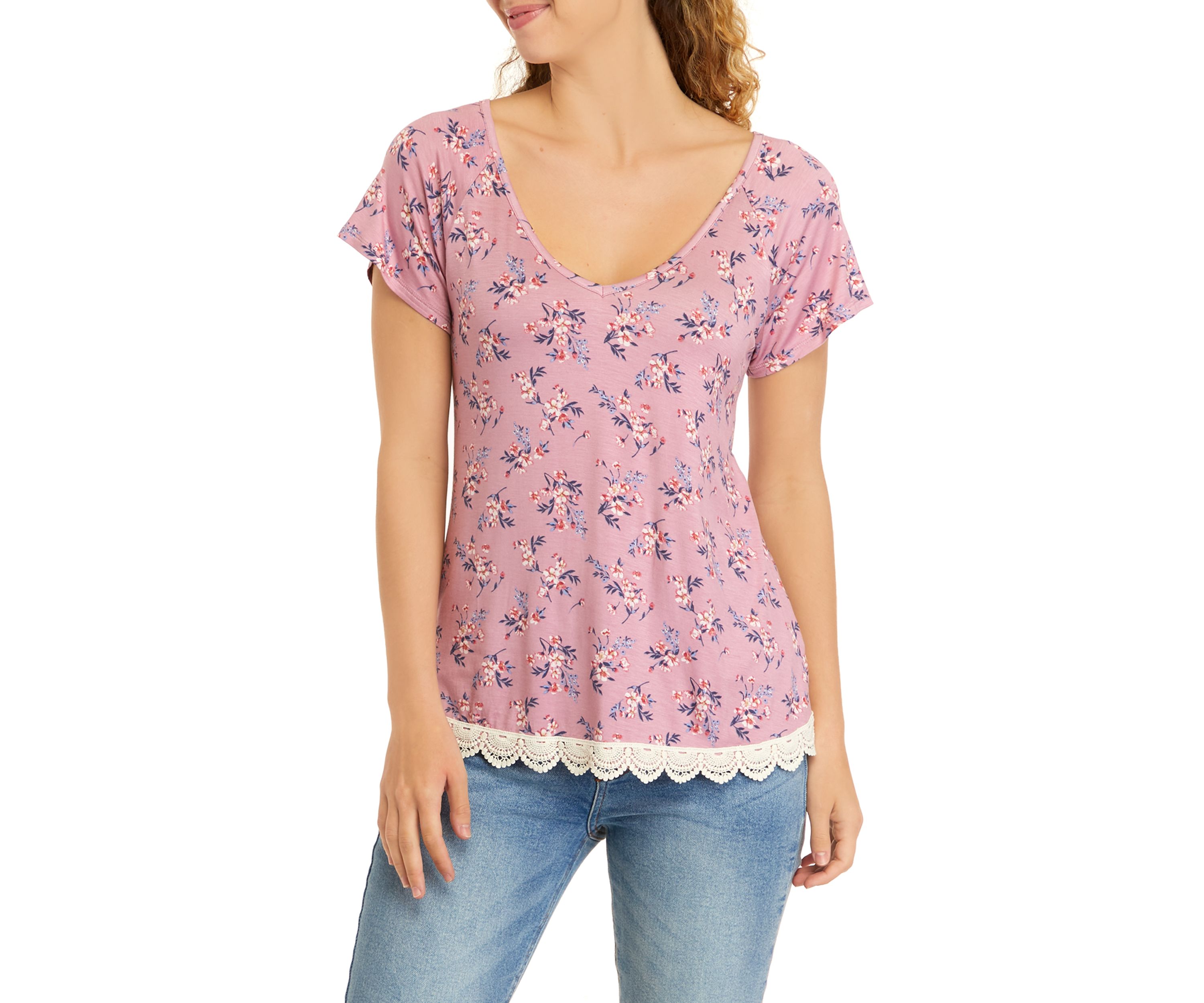Juniors Short Sleeve Cross Back Crochet Hem Knit Top