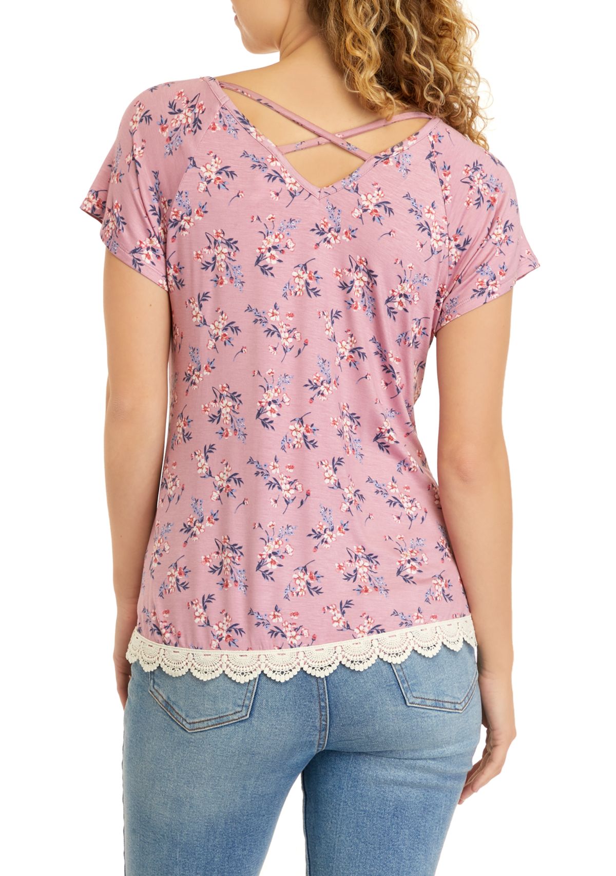 Juniors Short Sleeve Cross Back Crochet Hem Knit Top