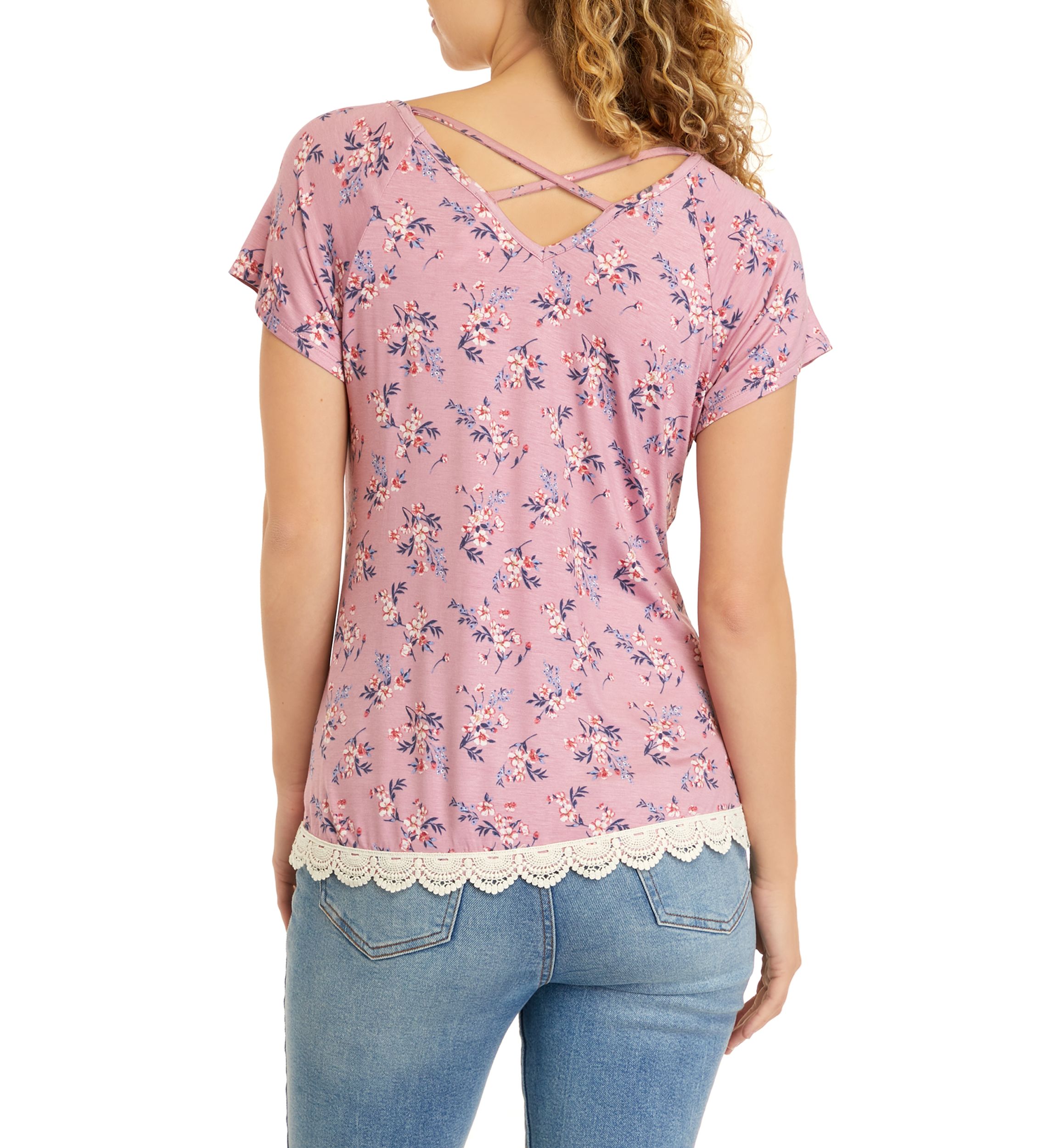 Juniors Short Sleeve Cross Back Crochet Hem Knit Top