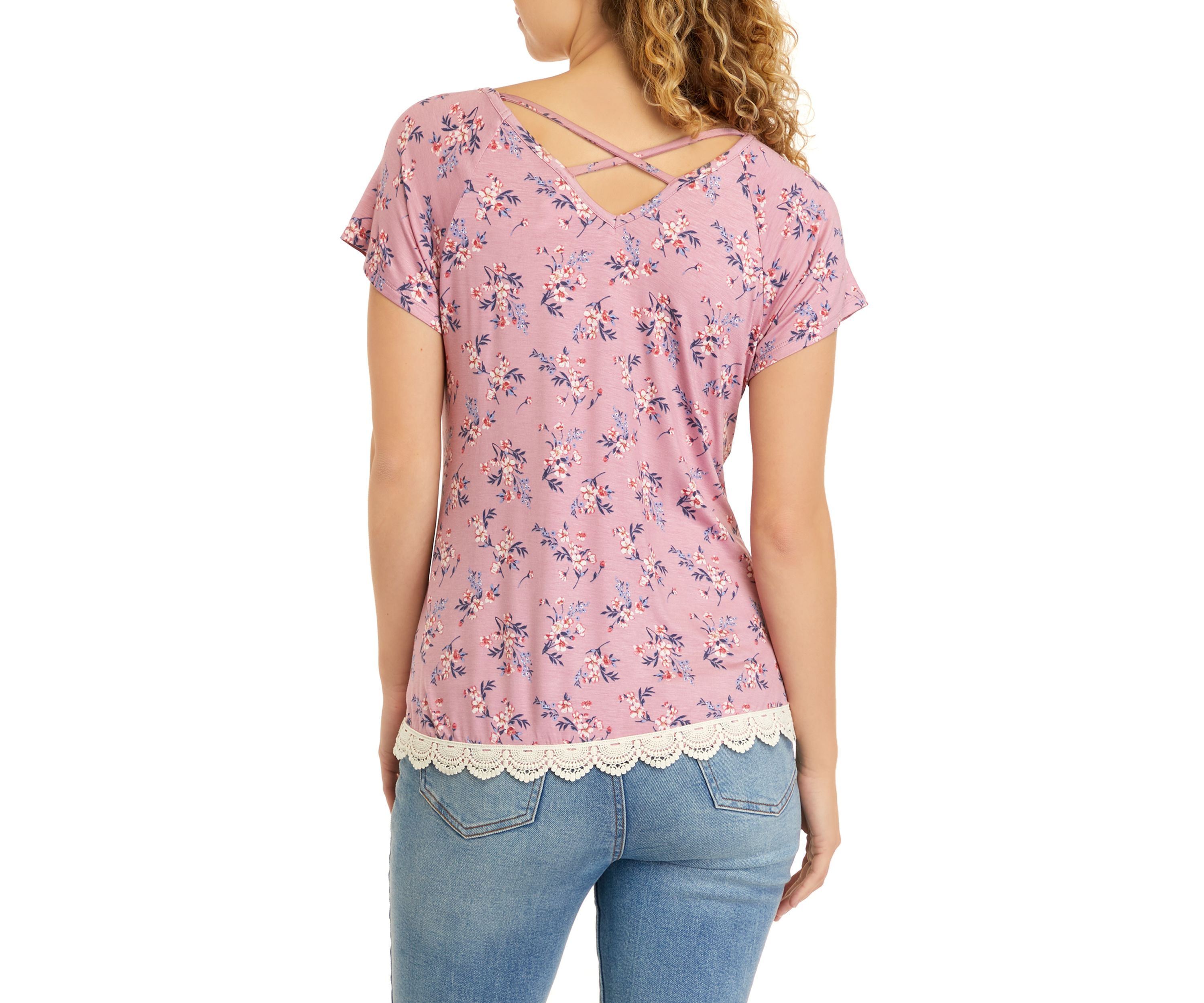 Juniors Short Sleeve Cross Back Crochet Hem Knit Top