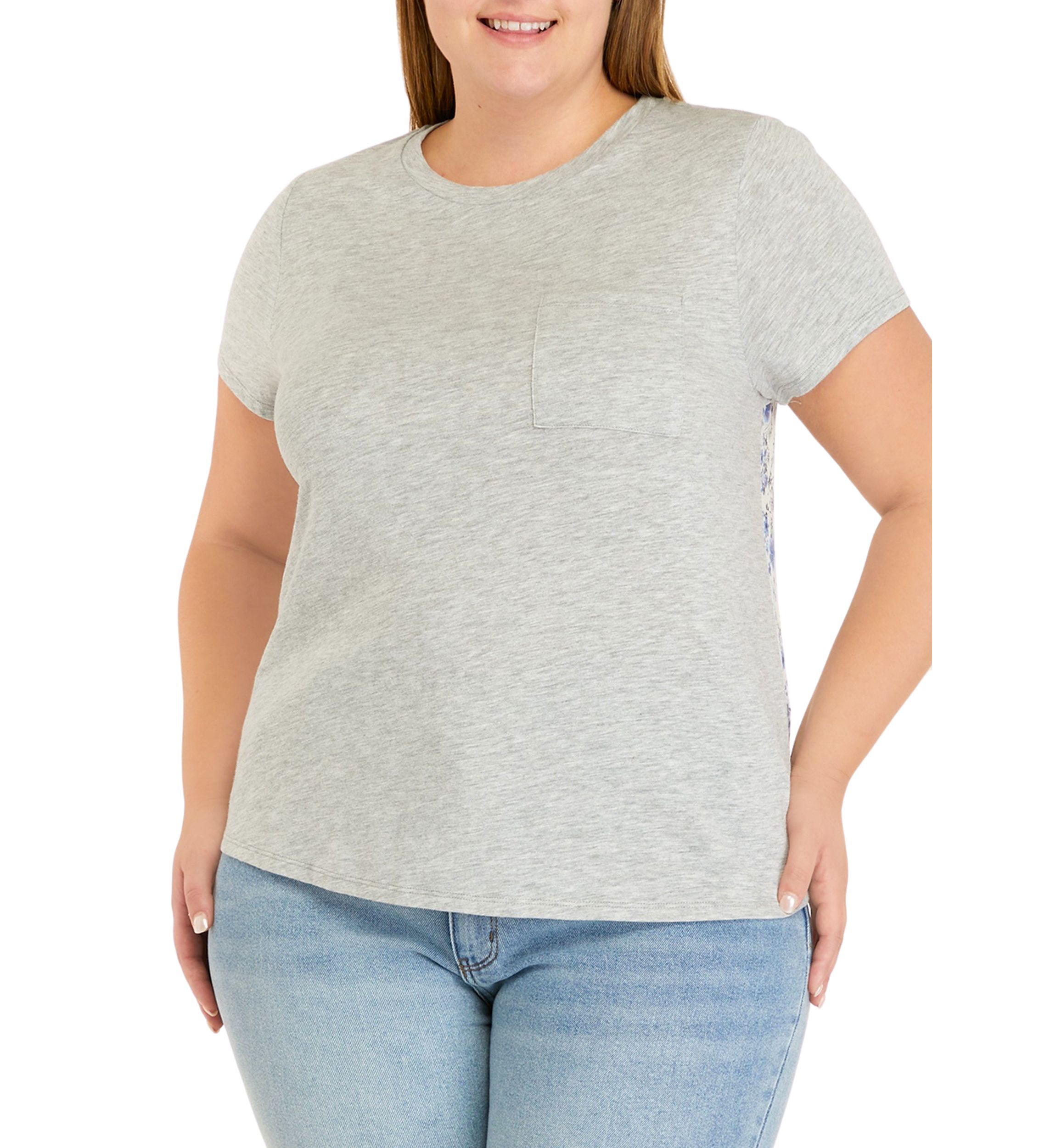 Plus Size Short Sleeve Woven Back Knit Pocket T-Shirt