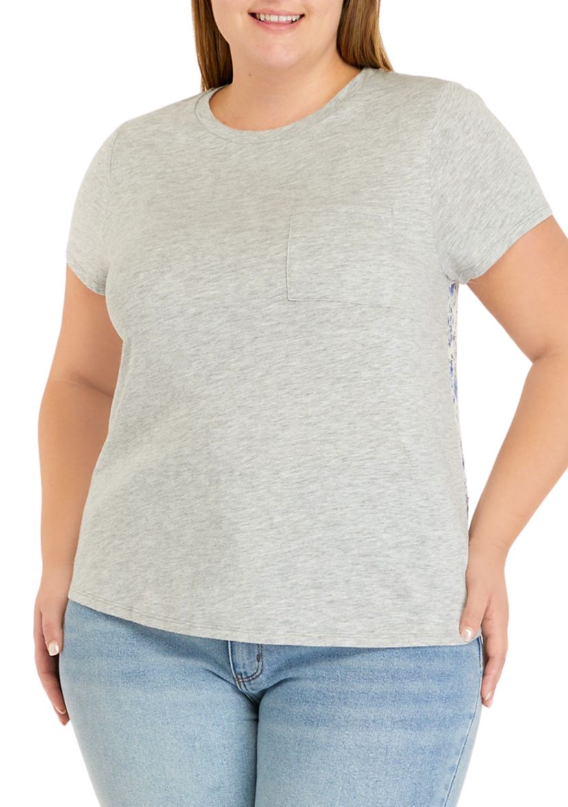 Plus Size Short Sleeve Woven Back Knit Pocket T-Shirt