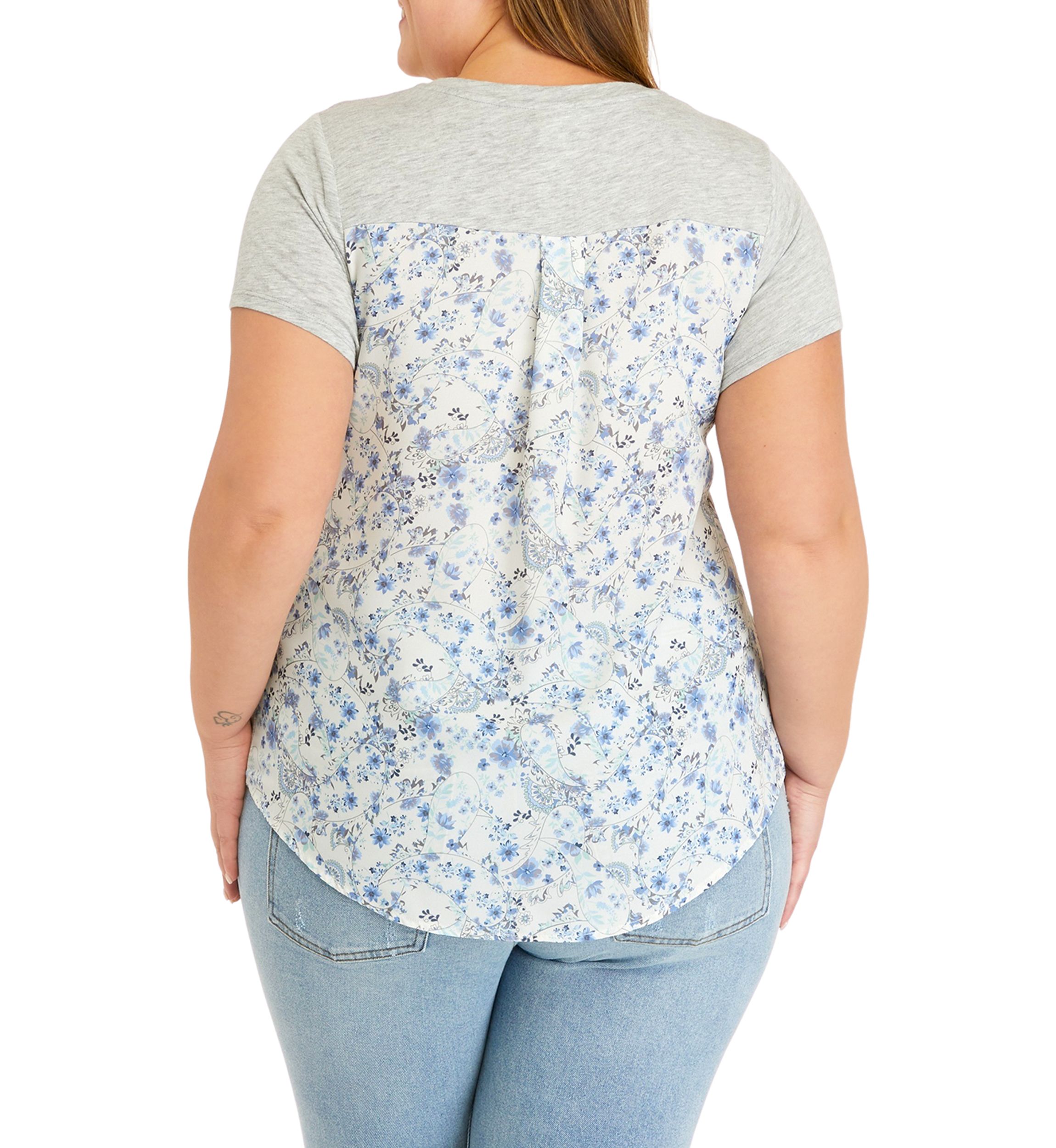 Plus Size Short Sleeve Woven Back Knit Pocket T-Shirt