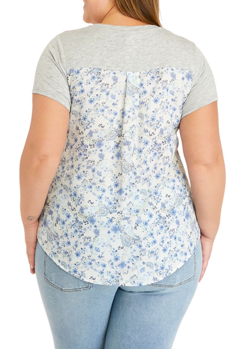 Plus Size Short Sleeve Woven Back Knit Pocket T-Shirt