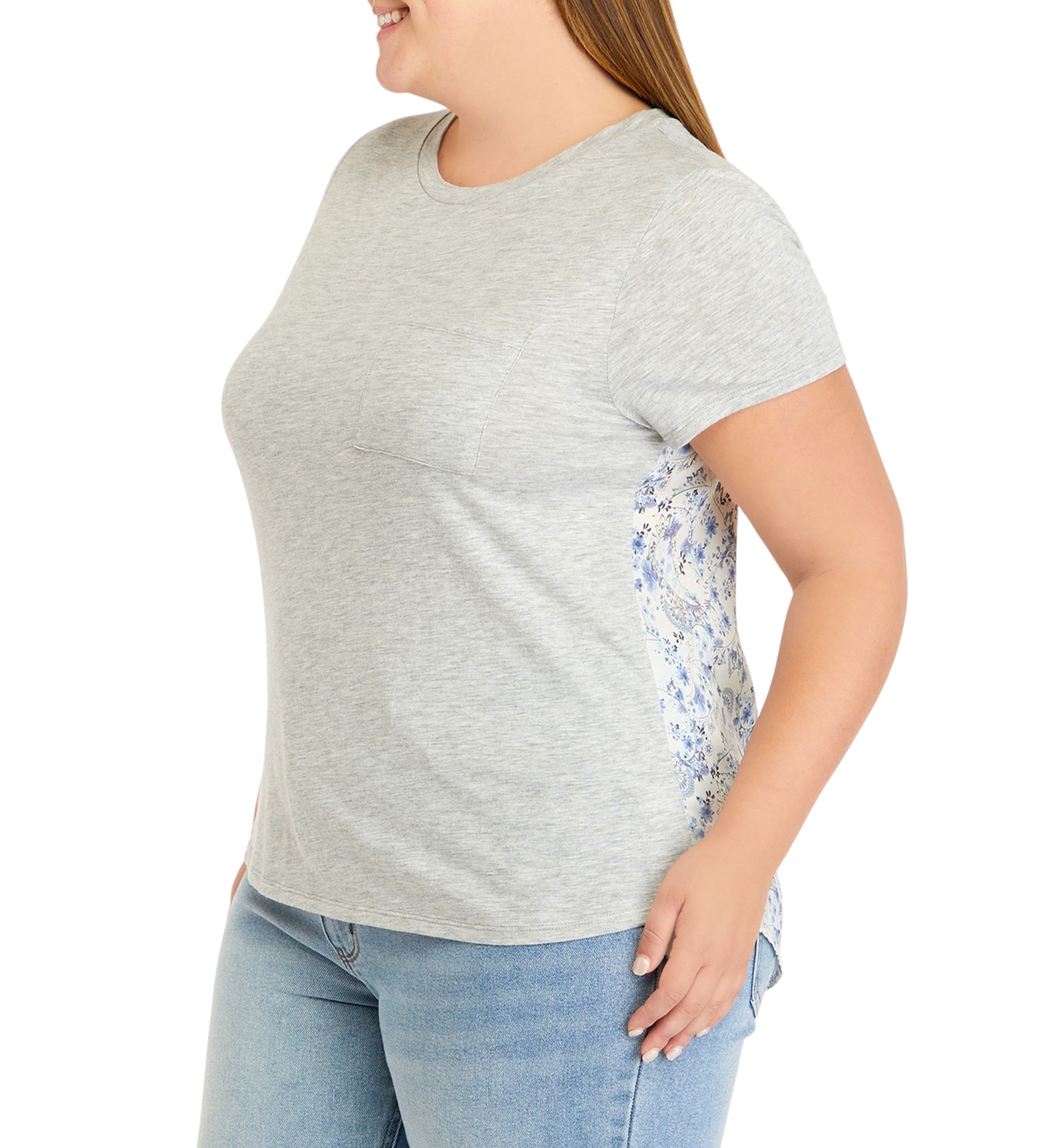Plus Size Short Sleeve Woven Back Knit Pocket T-Shirt