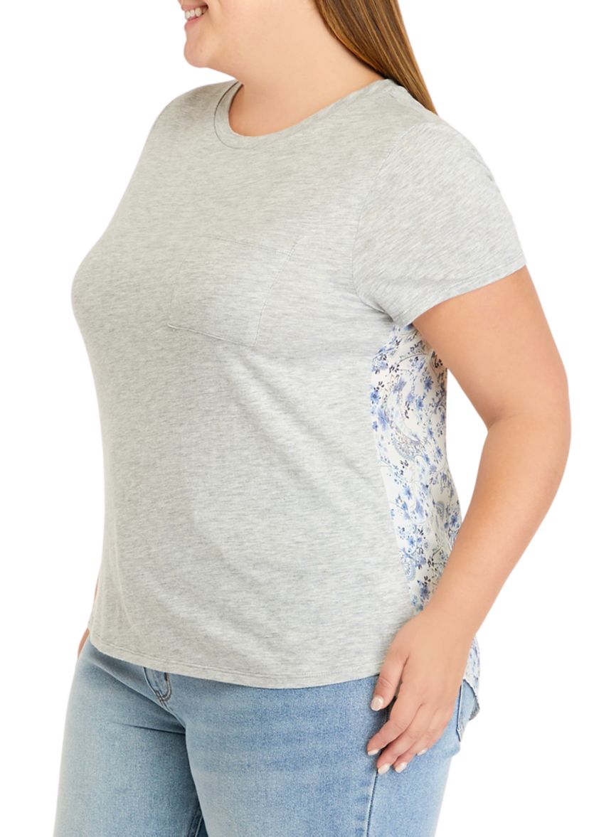 Plus Size Short Sleeve Woven Back Knit Pocket T-Shirt