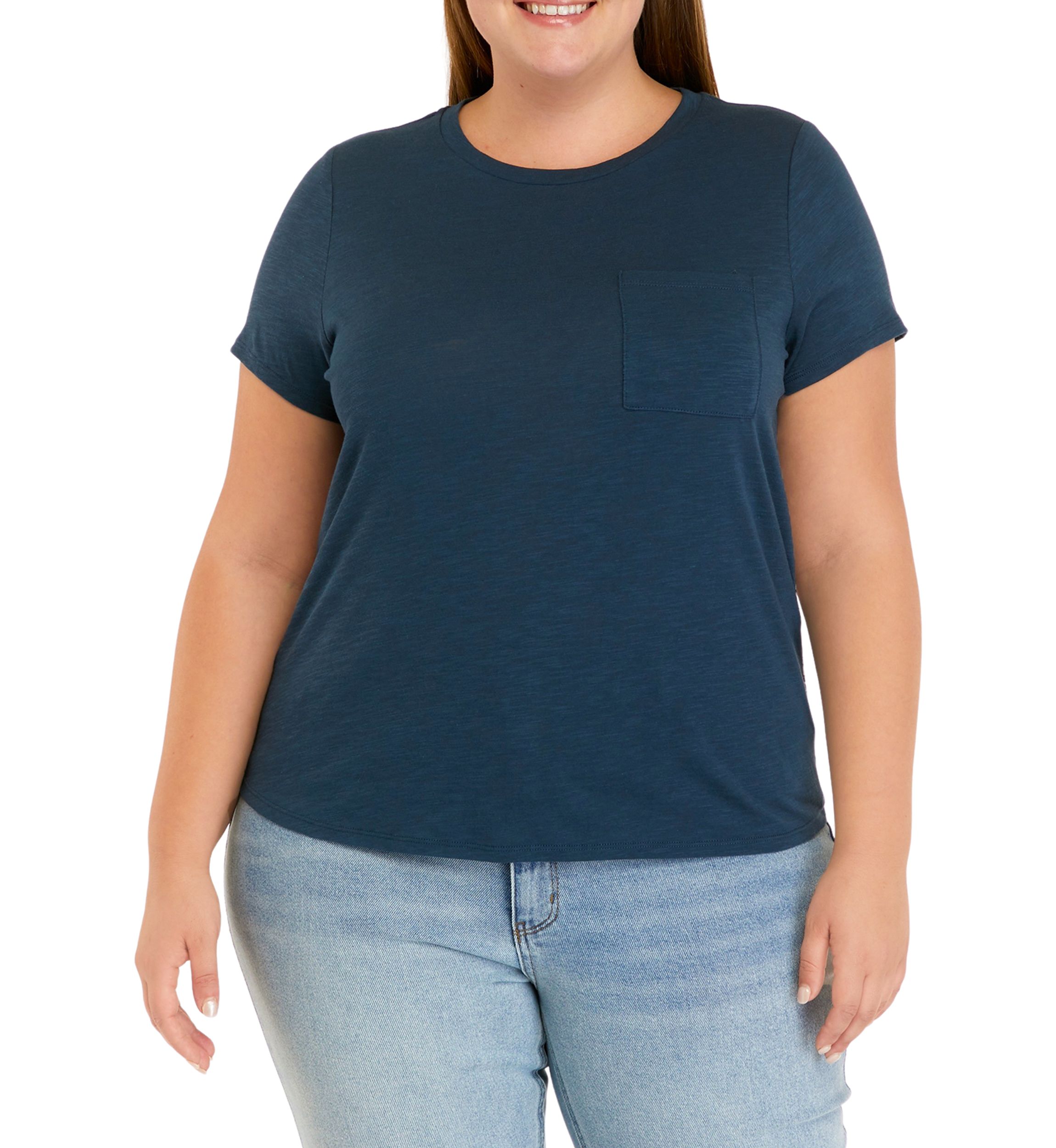 Plus Size Short Sleeve Woven Back Knit Pocket T-Shirt