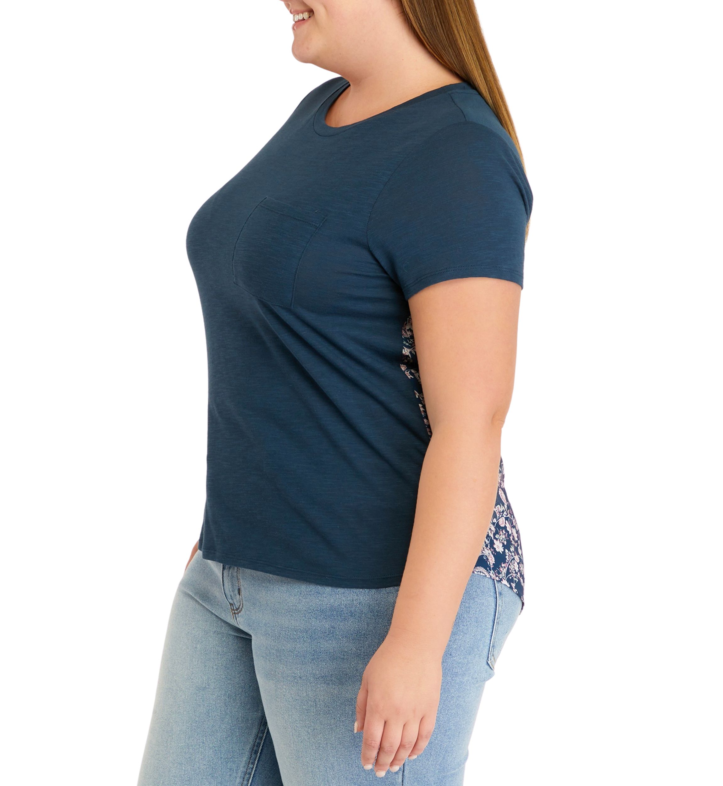 Plus Size Short Sleeve Woven Back Knit Pocket T-Shirt