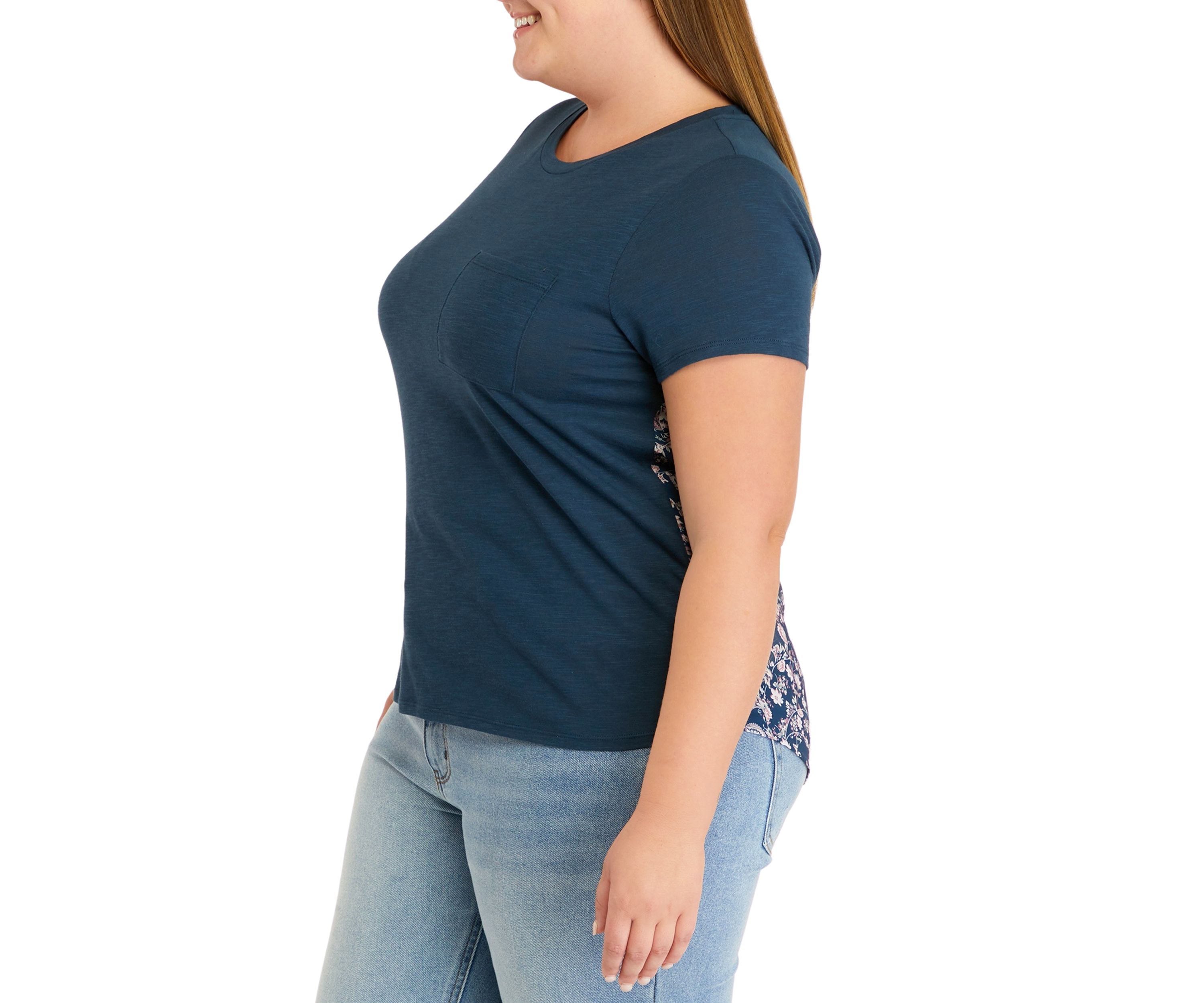 Plus Size Short Sleeve Woven Back Knit Pocket T-Shirt