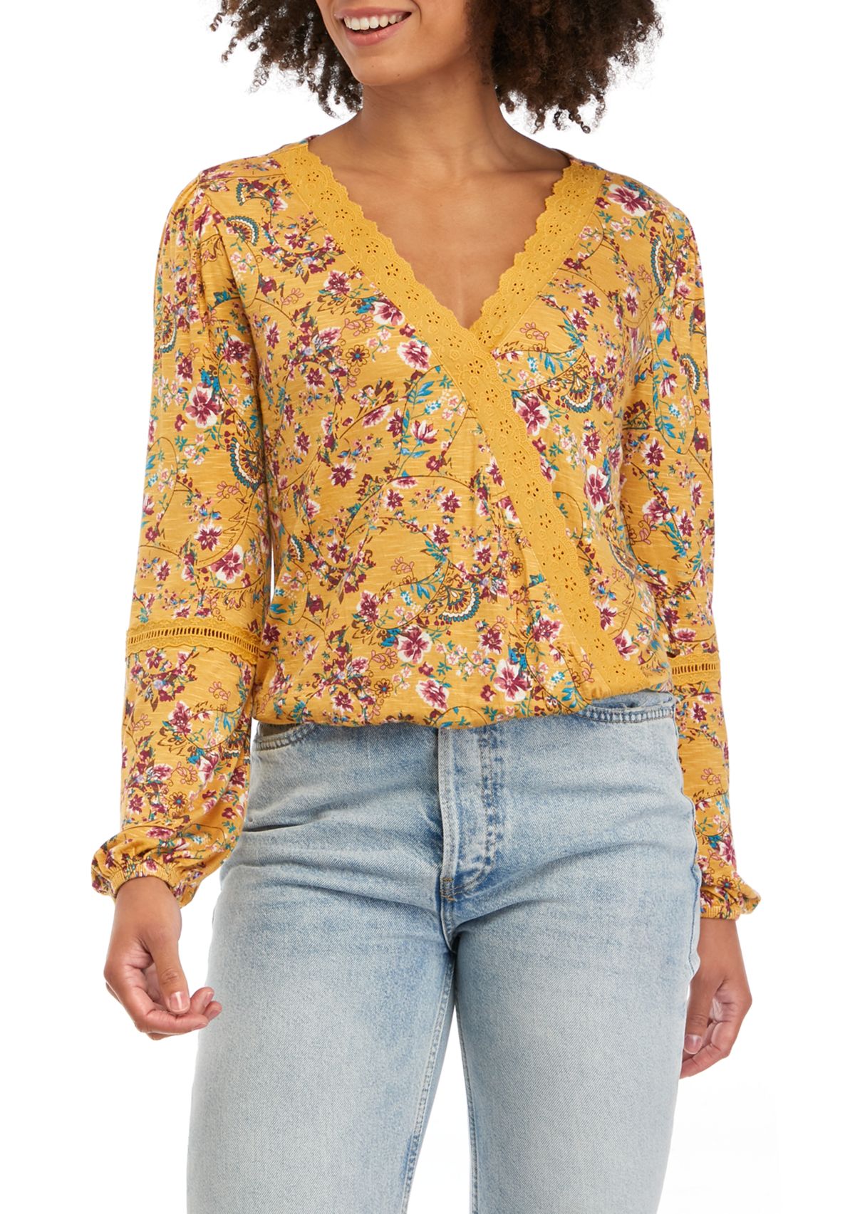 Juniors Long Sleeve Lace Trim Surplice Top