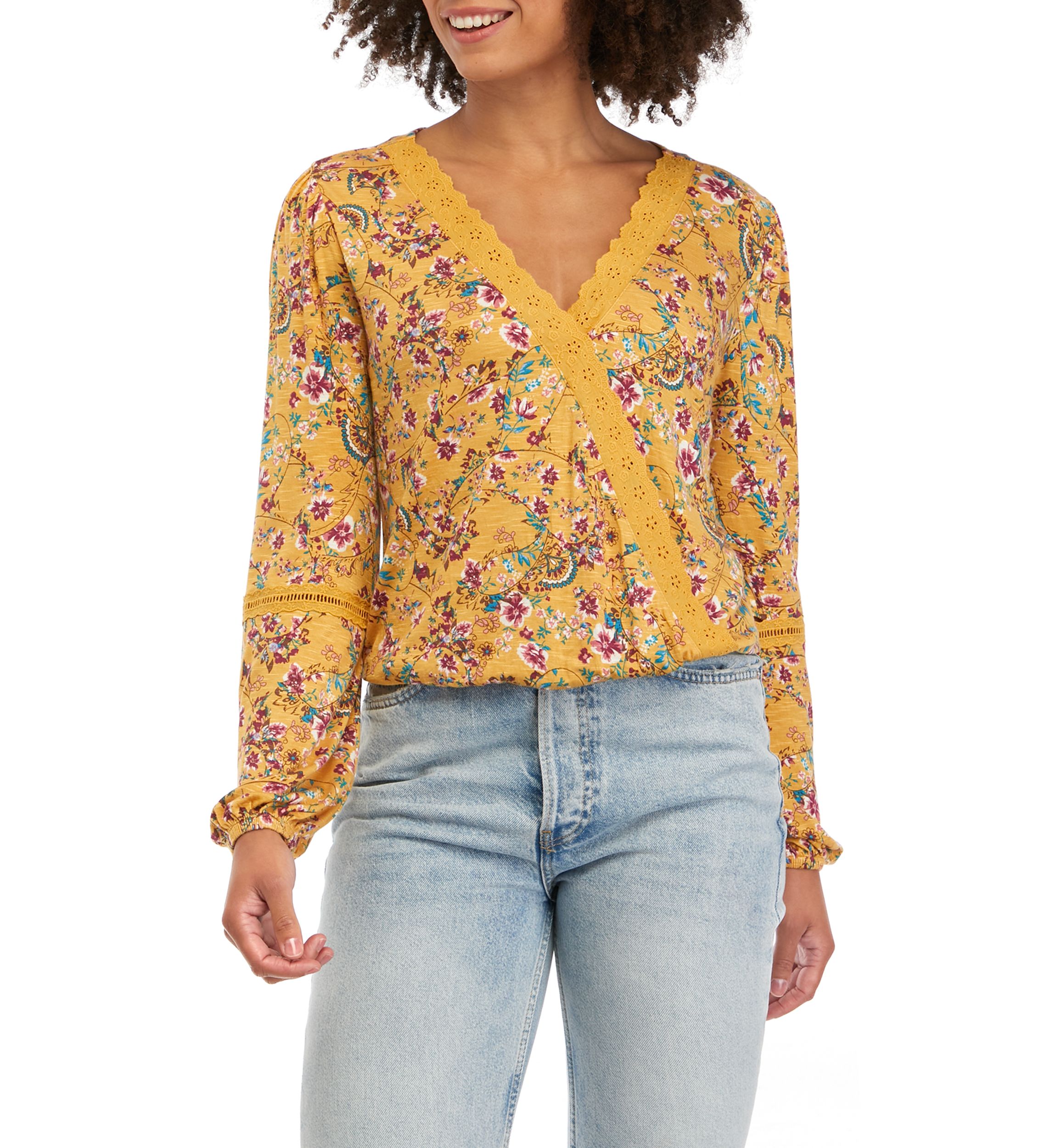 Juniors Long Sleeve Lace Trim Surplice Top