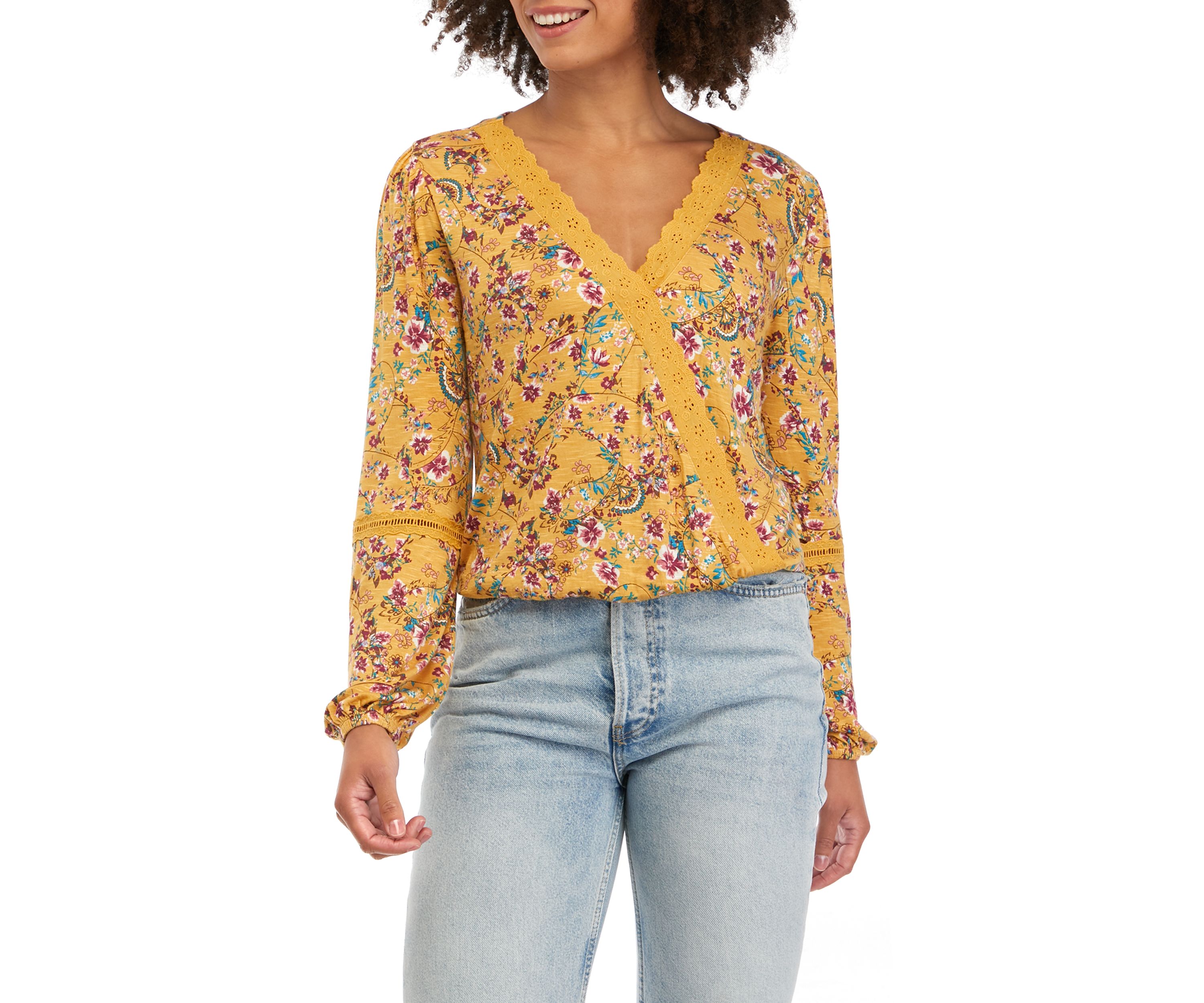 Juniors Long Sleeve Lace Trim Surplice Top
