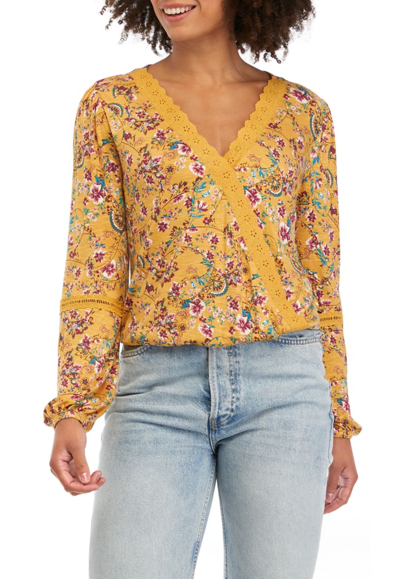 Juniors Long Sleeve Lace Trim Surplice Top