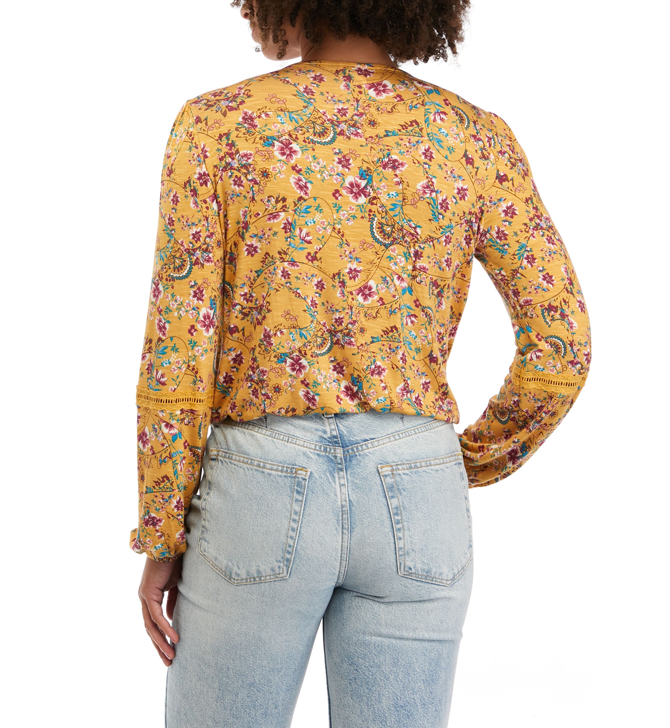 Juniors Long Sleeve Lace Trim Surplice Top