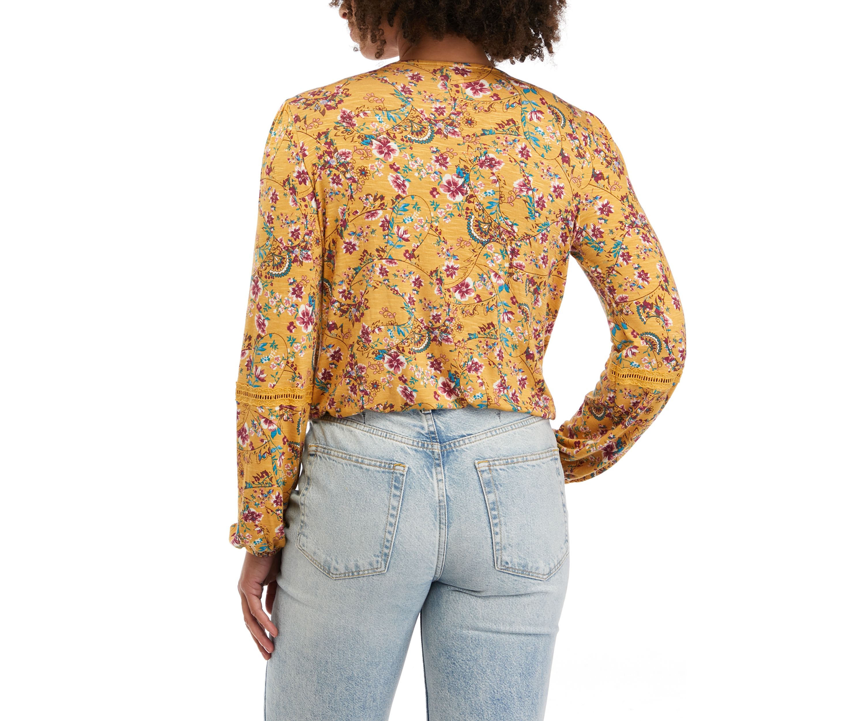 Juniors Long Sleeve Lace Trim Surplice Top