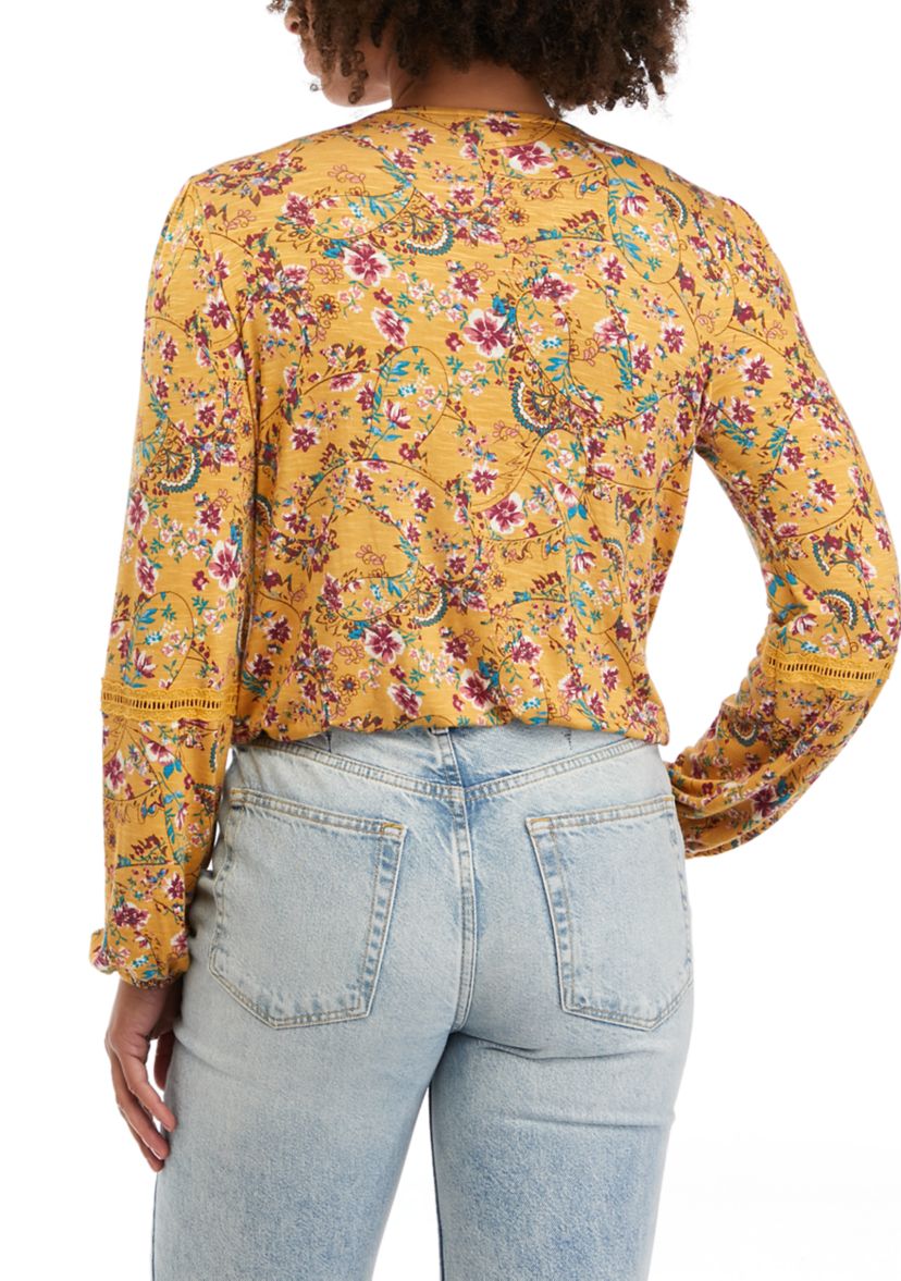 Juniors Long Sleeve Lace Trim Surplice Top