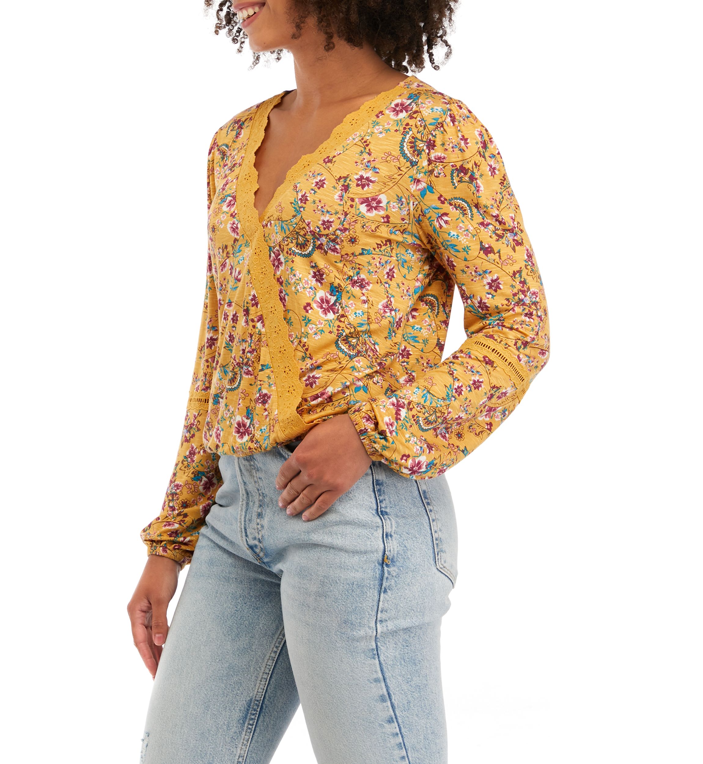 Juniors Long Sleeve Lace Trim Surplice Top