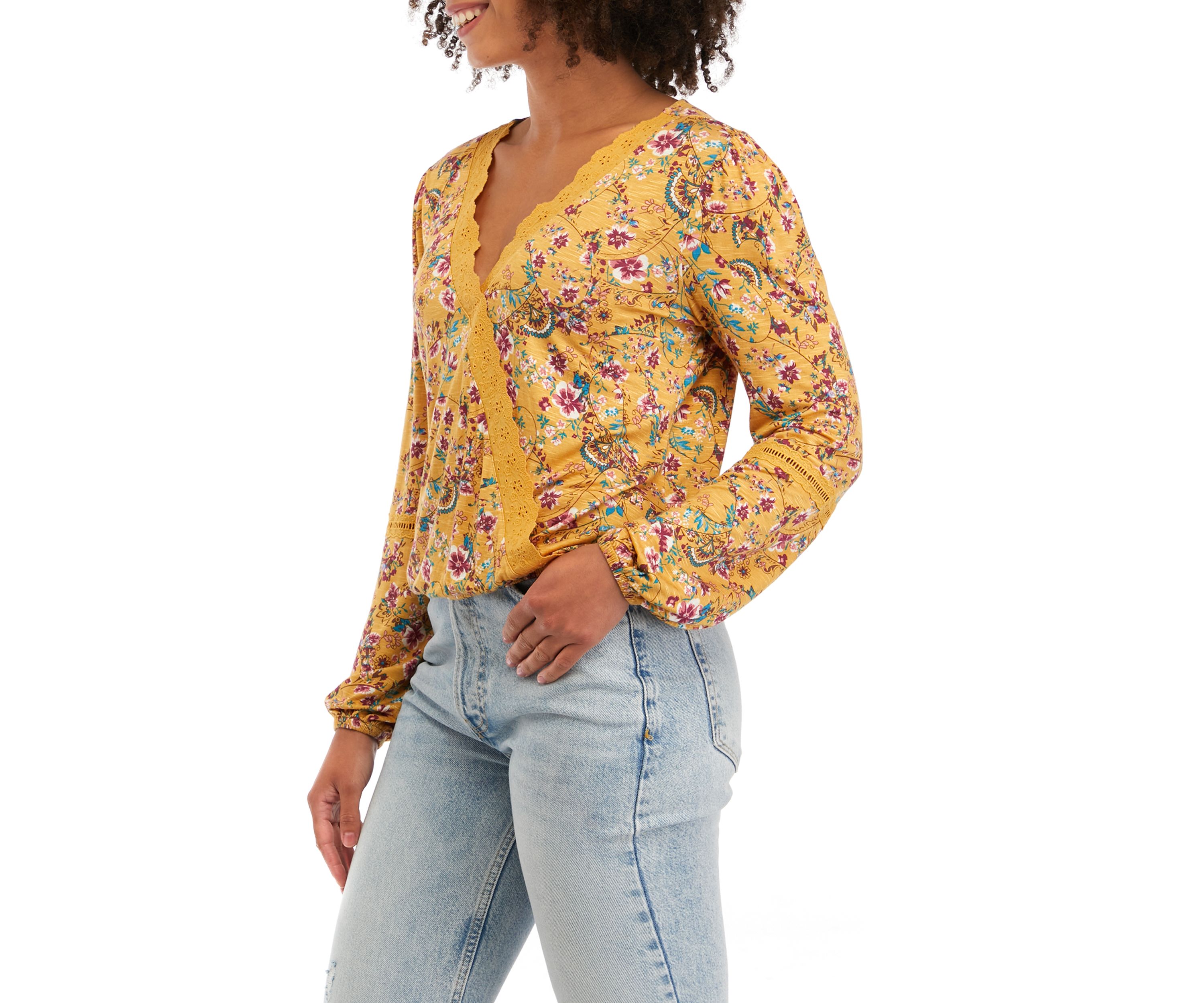 Juniors Long Sleeve Lace Trim Surplice Top