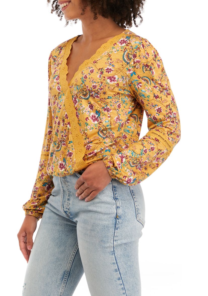 Juniors Long Sleeve Lace Trim Surplice Top