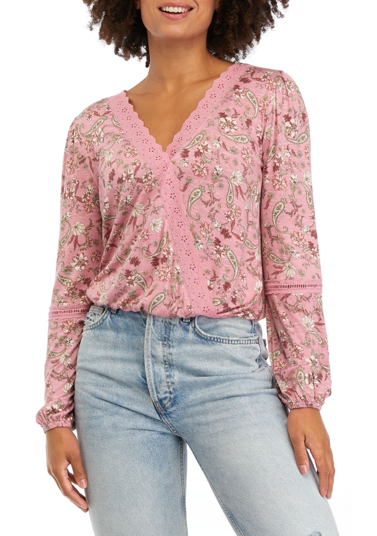 Juniors Lace Trim Surplice Top