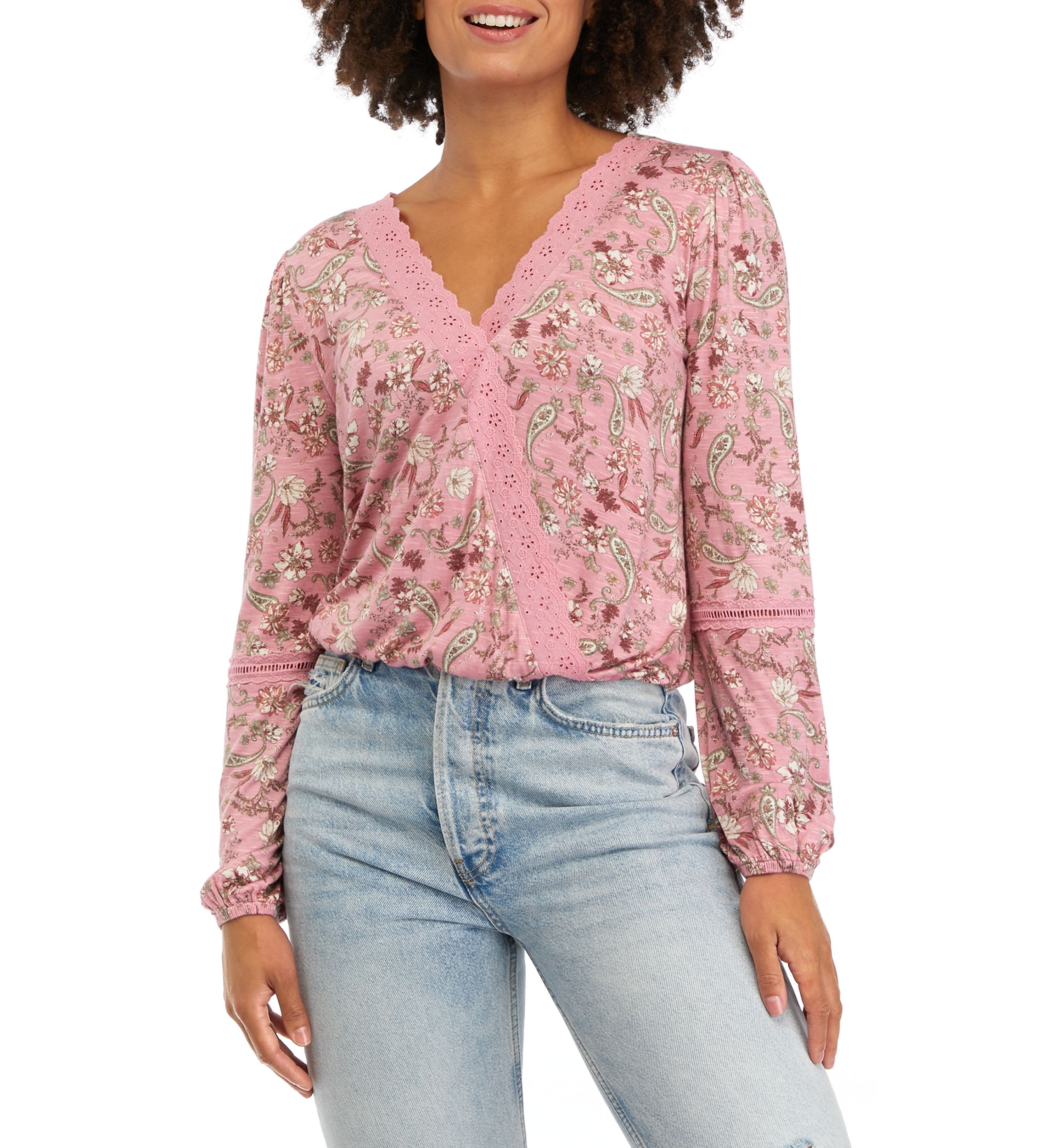Juniors Lace Trim Surplice Top