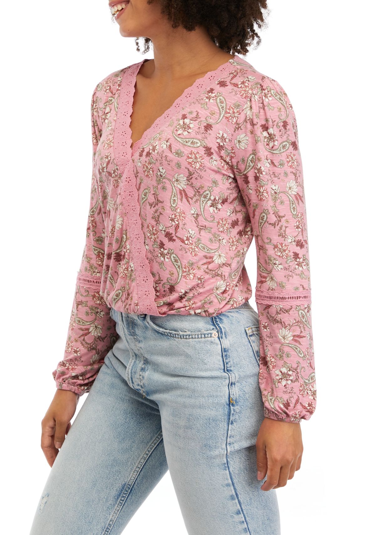 Juniors Lace Trim Surplice Top