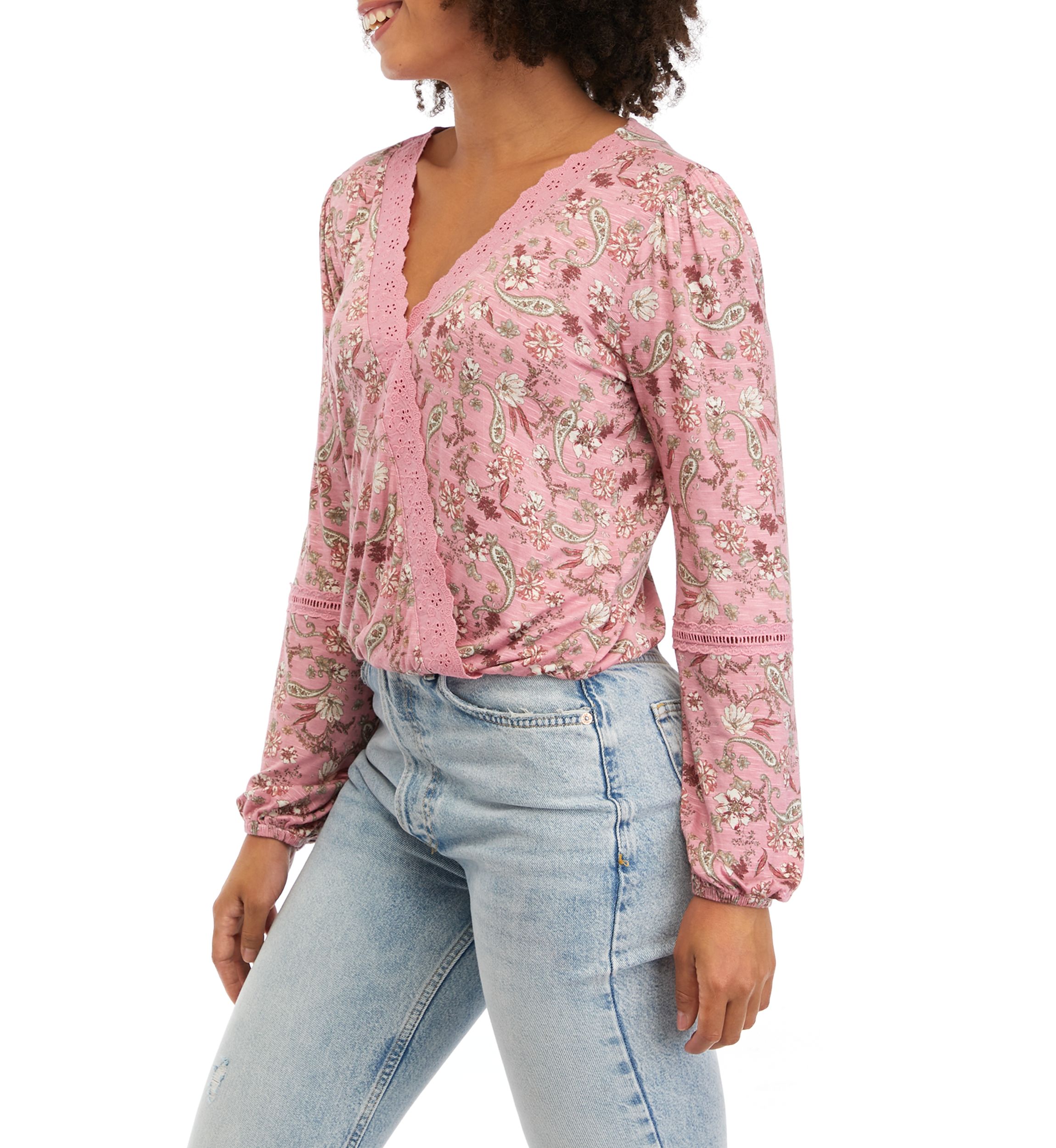 Juniors Lace Trim Surplice Top