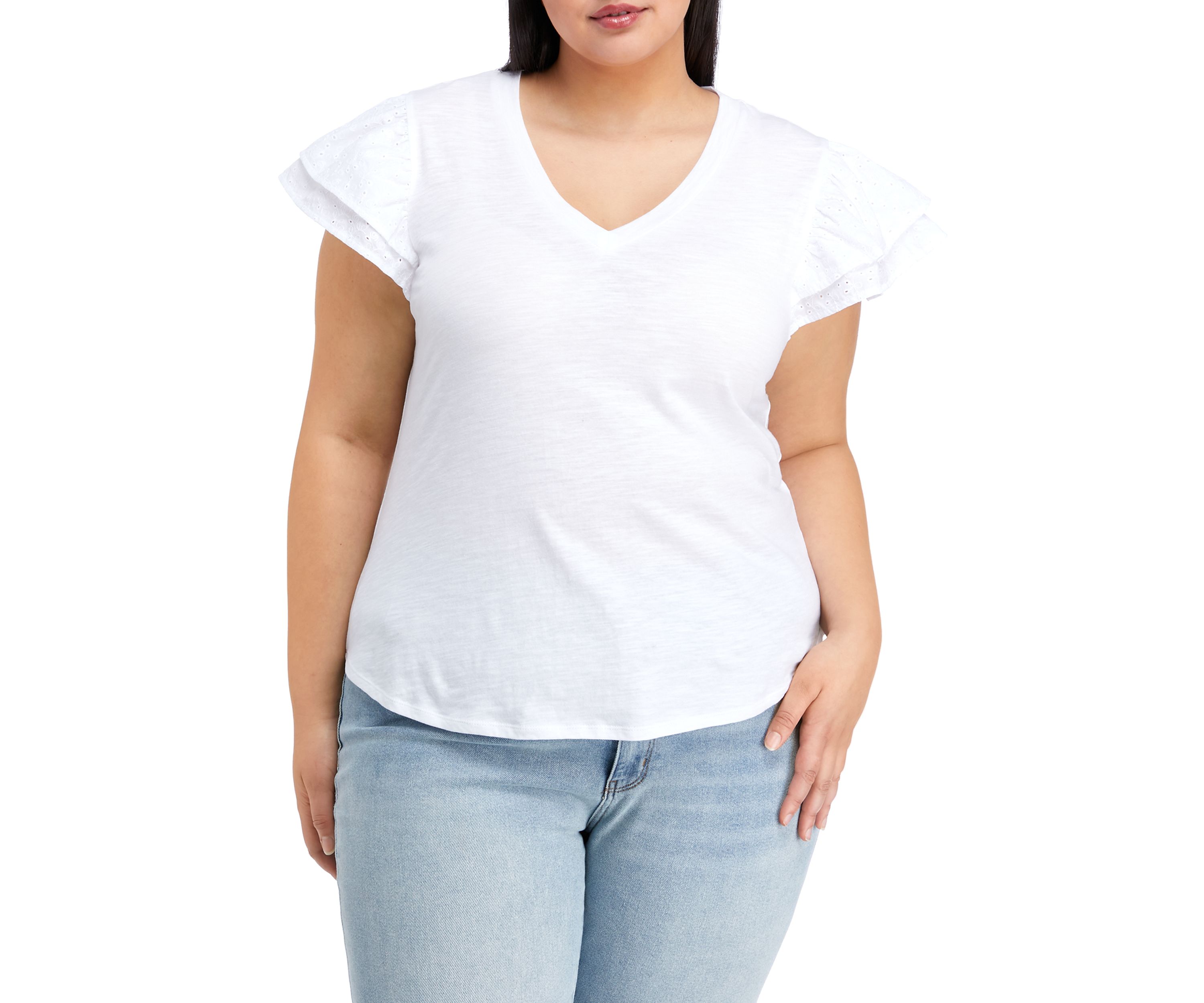 Plus Size Eyelet Flutter Sleeve V-Neck T-Shirt 