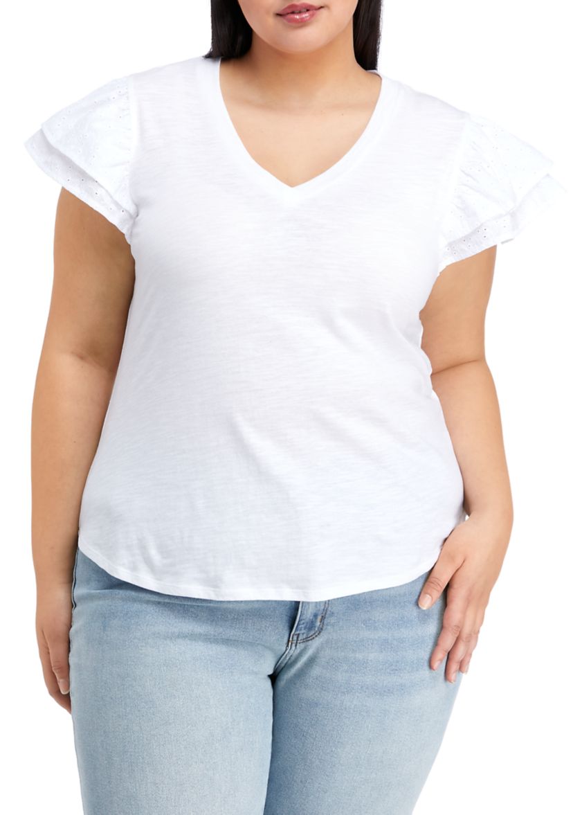 Plus Size Eyelet Flutter Sleeve V-Neck T-Shirt 