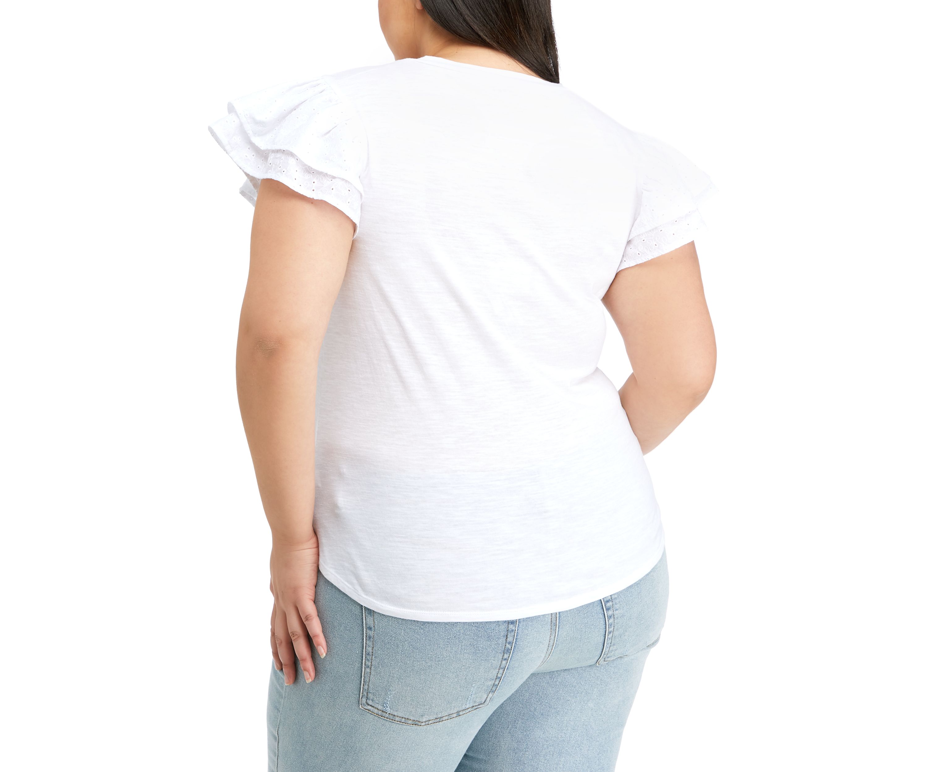 Plus Size Eyelet Flutter Sleeve V-Neck T-Shirt 