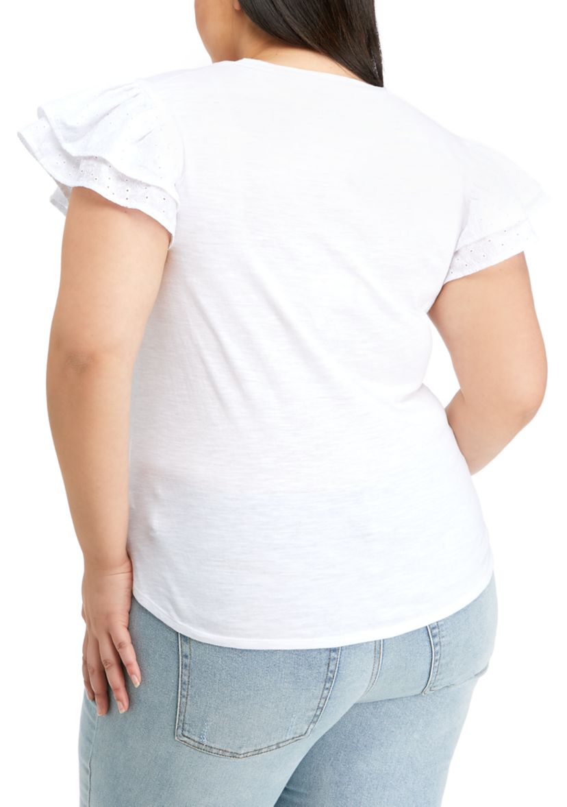 Plus Size Eyelet Flutter Sleeve V-Neck T-Shirt 