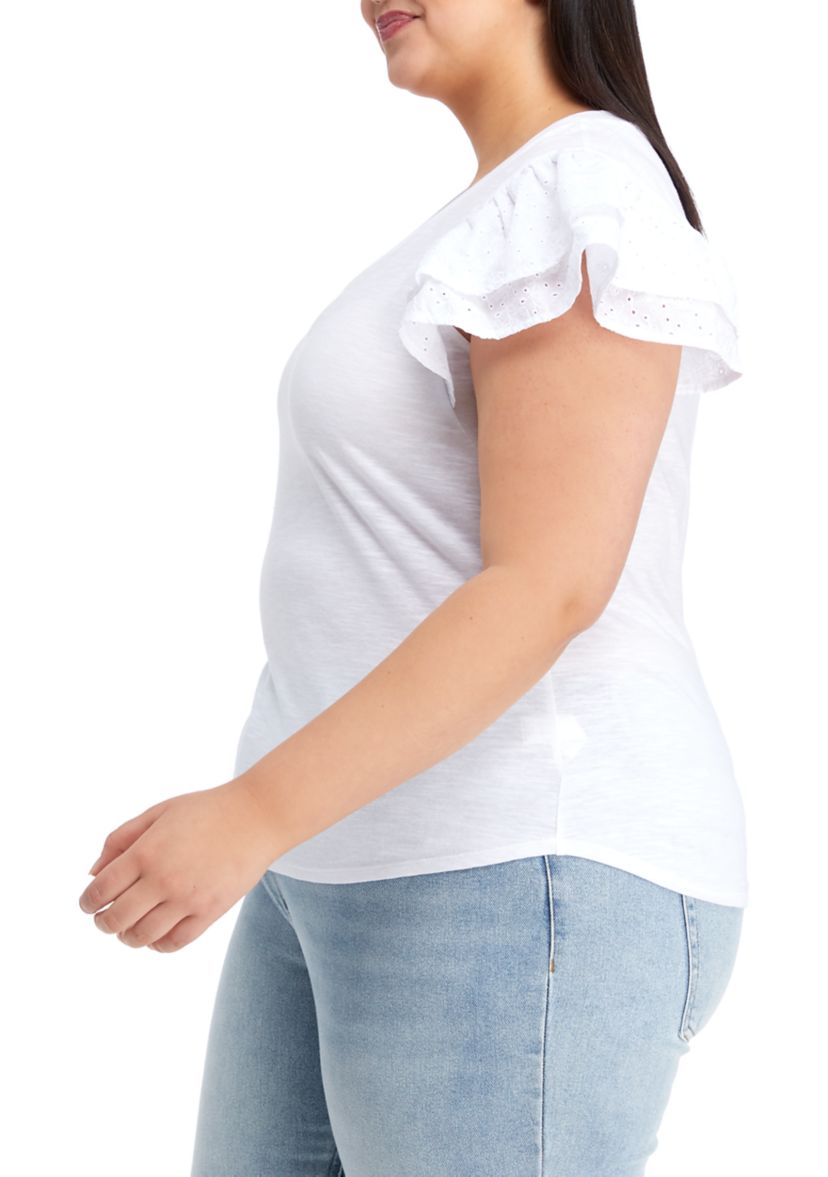 Plus Size Eyelet Flutter Sleeve V-Neck T-Shirt 