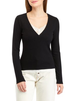 Juniors' V-Neck Ribbed Knit Lace Inset Top