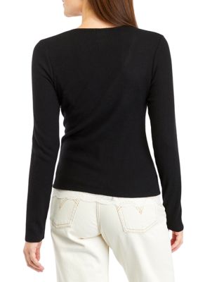Juniors' V-Neck Ribbed Knit Lace Inset Top