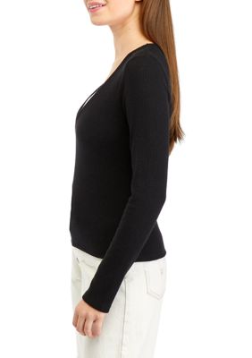 Juniors' V-Neck Ribbed Knit Lace Inset Top