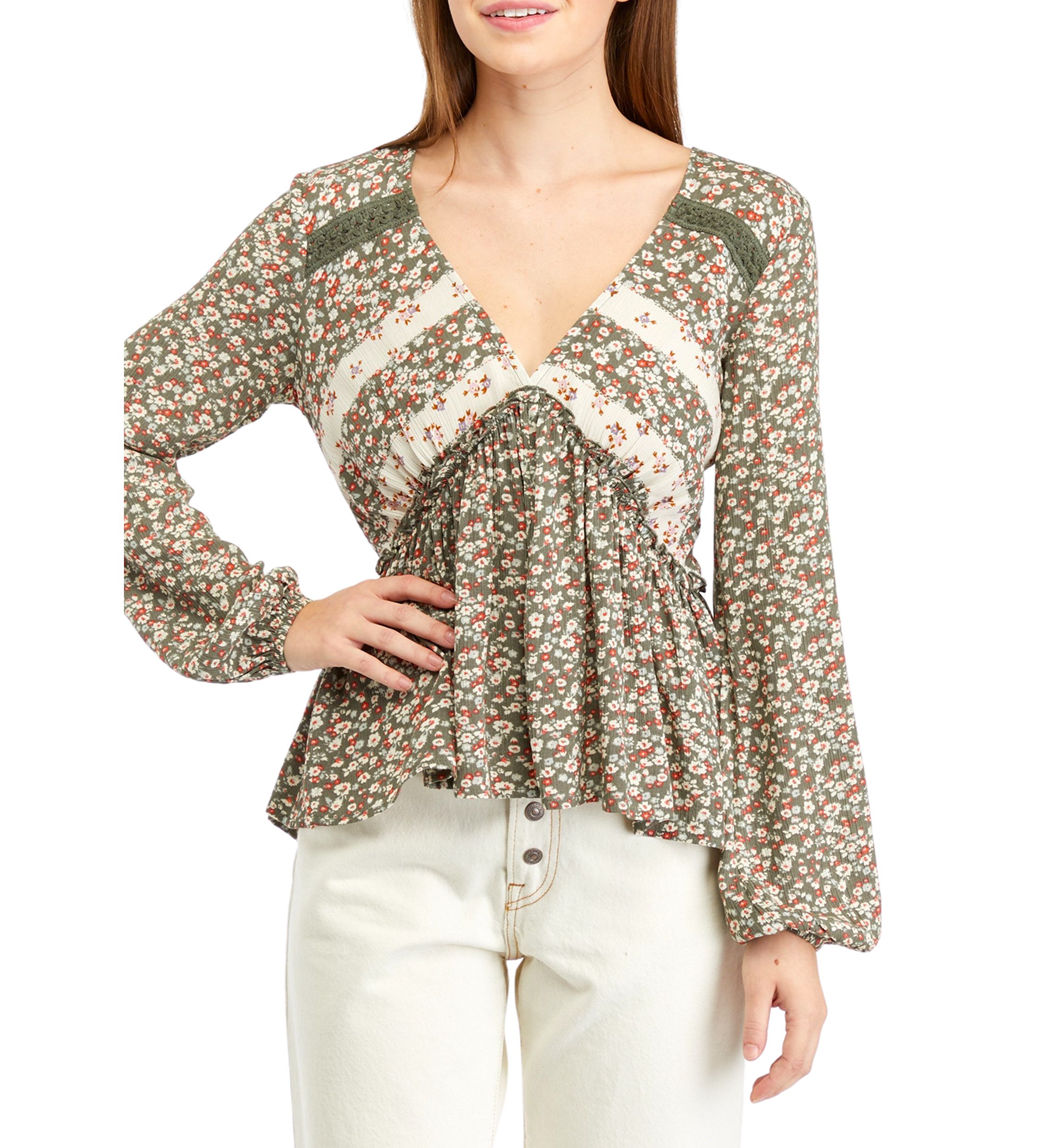 Juniors High Low Printed Woven Top
