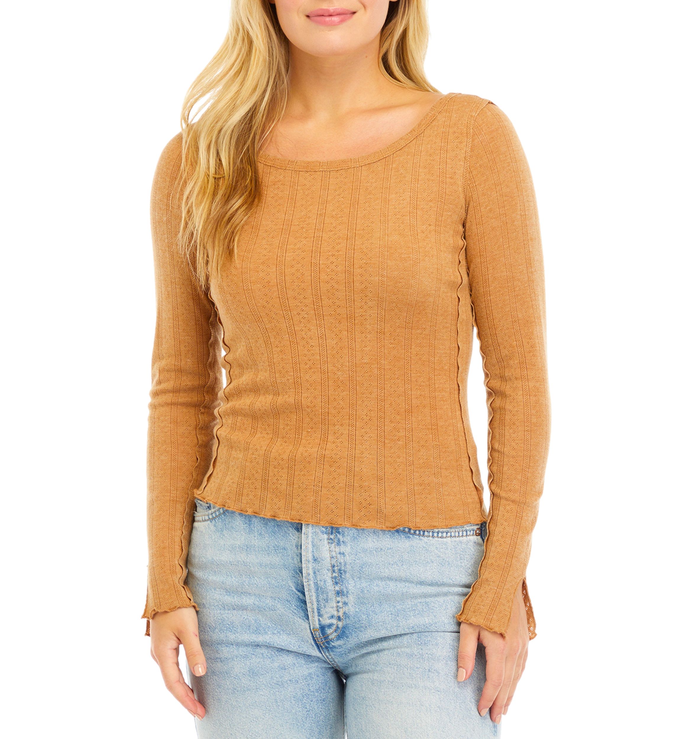 Womens Long Sleeve Wide Lettuce Hem Top