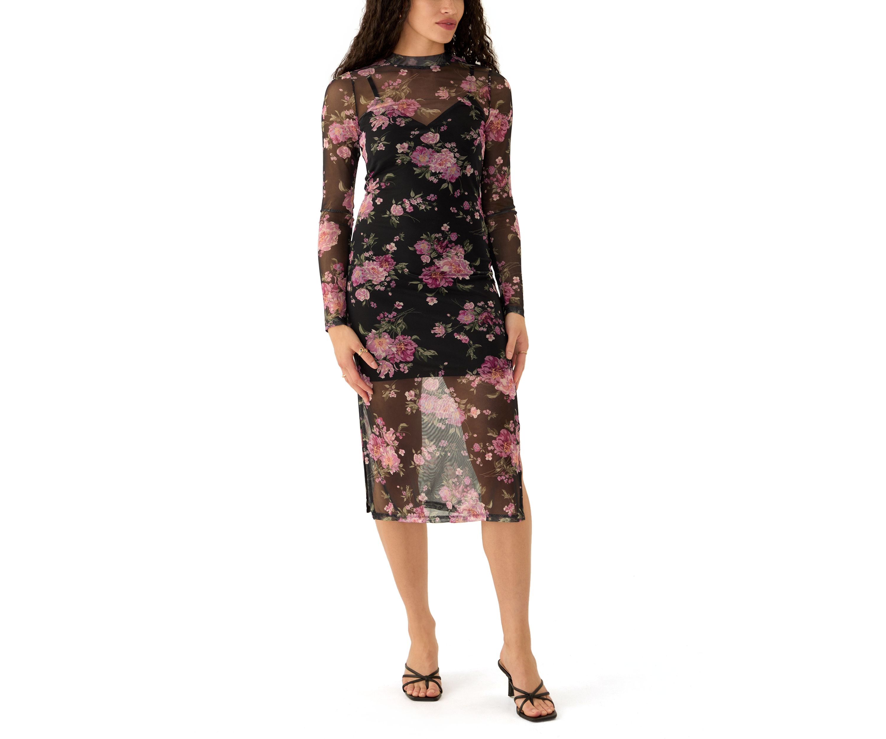 Womens Long Sleeve Printed Mesh Bodycon Dress