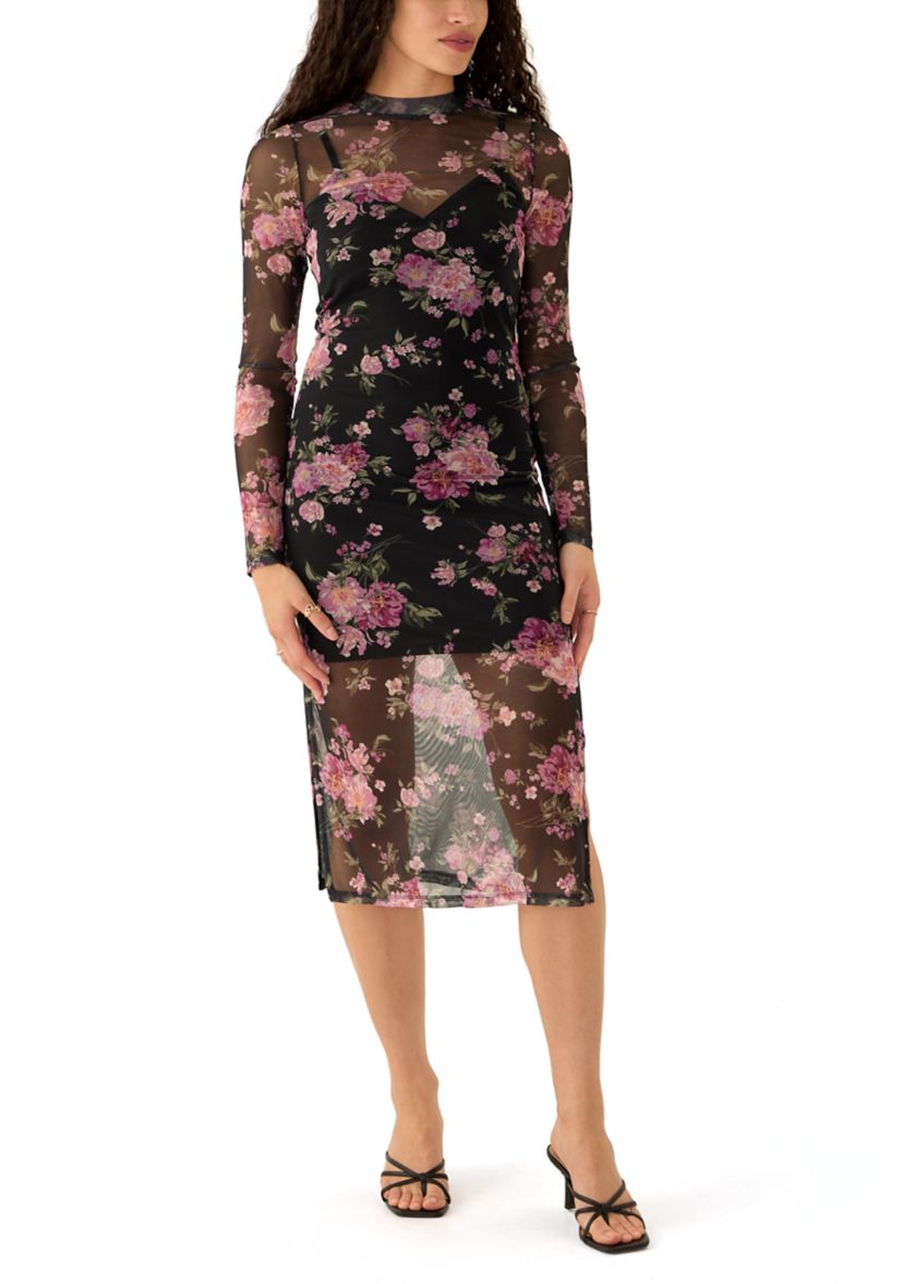 Womens Long Sleeve Printed Mesh Bodycon Dress