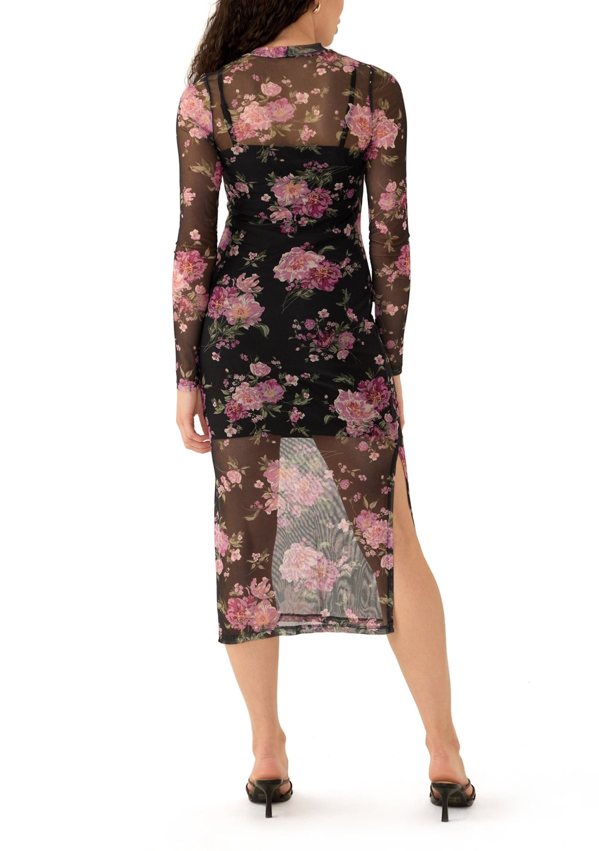 Womens Long Sleeve Printed Mesh Bodycon Dress