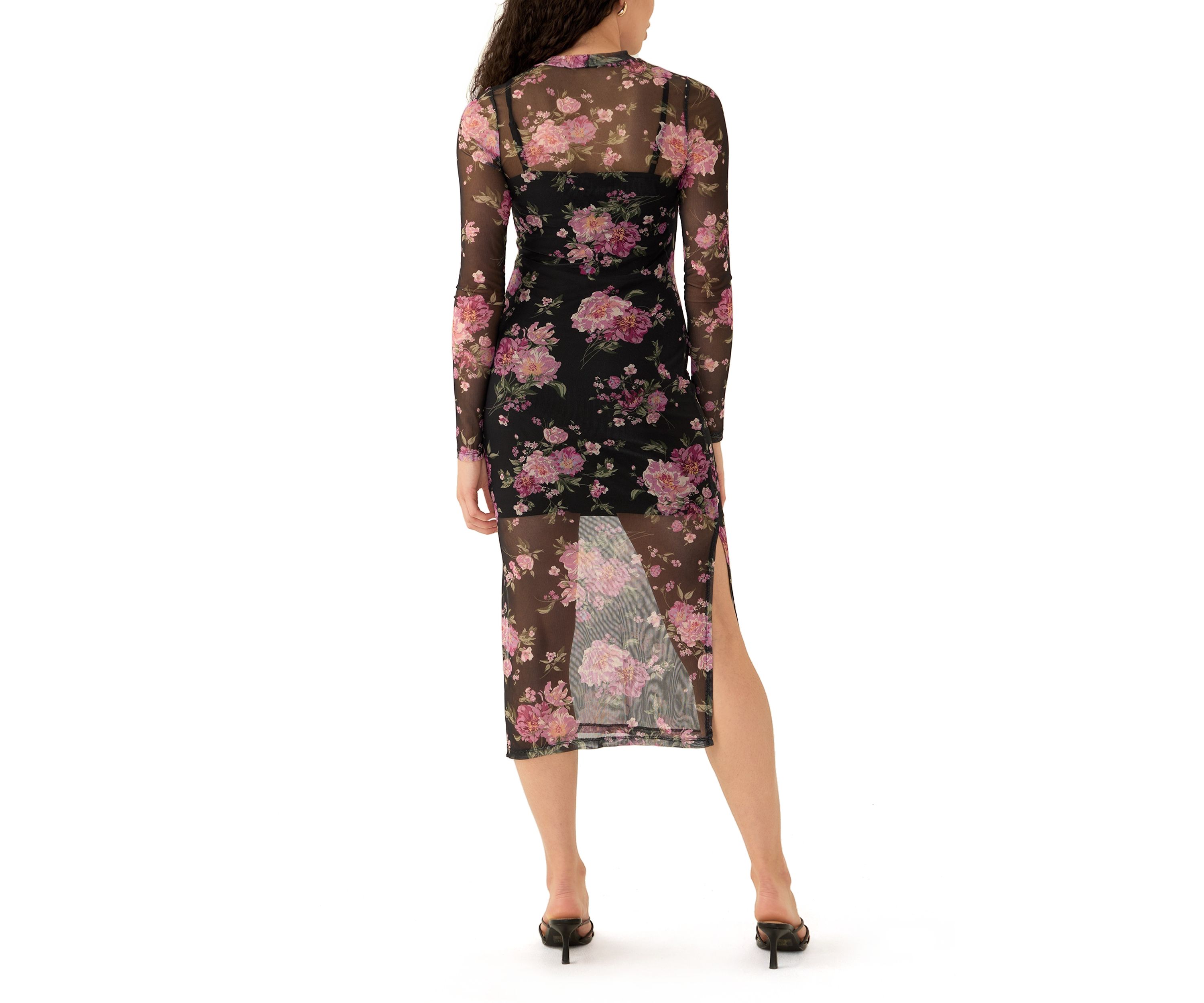 Womens Long Sleeve Printed Mesh Bodycon Dress