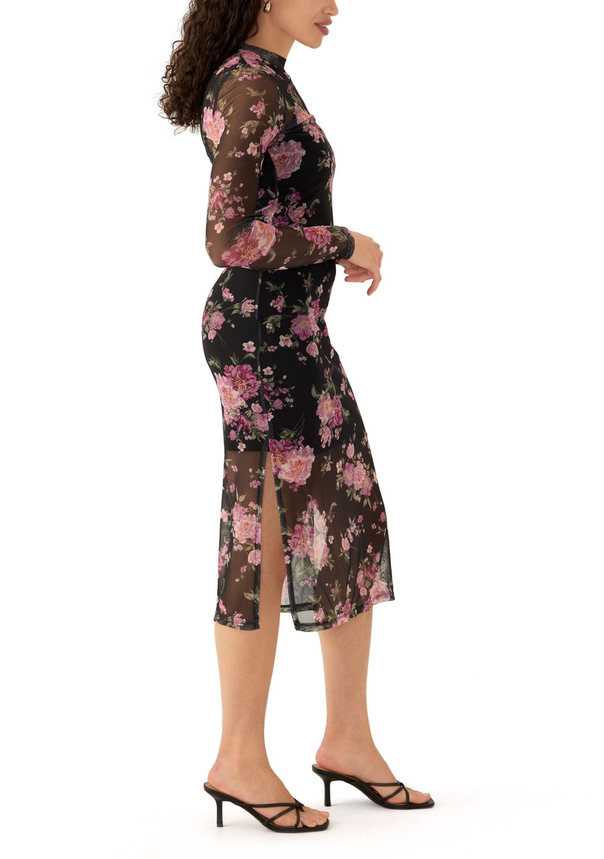 Womens Long Sleeve Printed Mesh Bodycon Dress