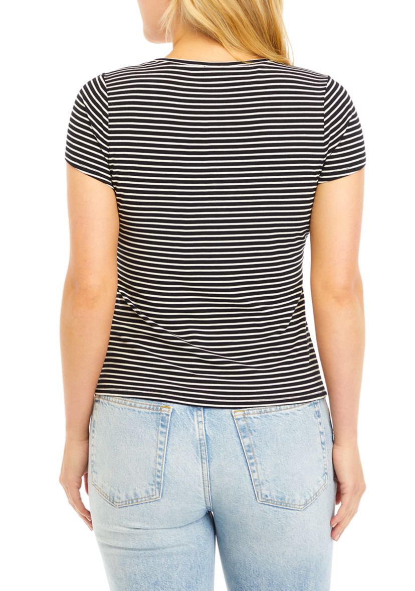 Womens Scoop Neck Striped Top with Keyhole